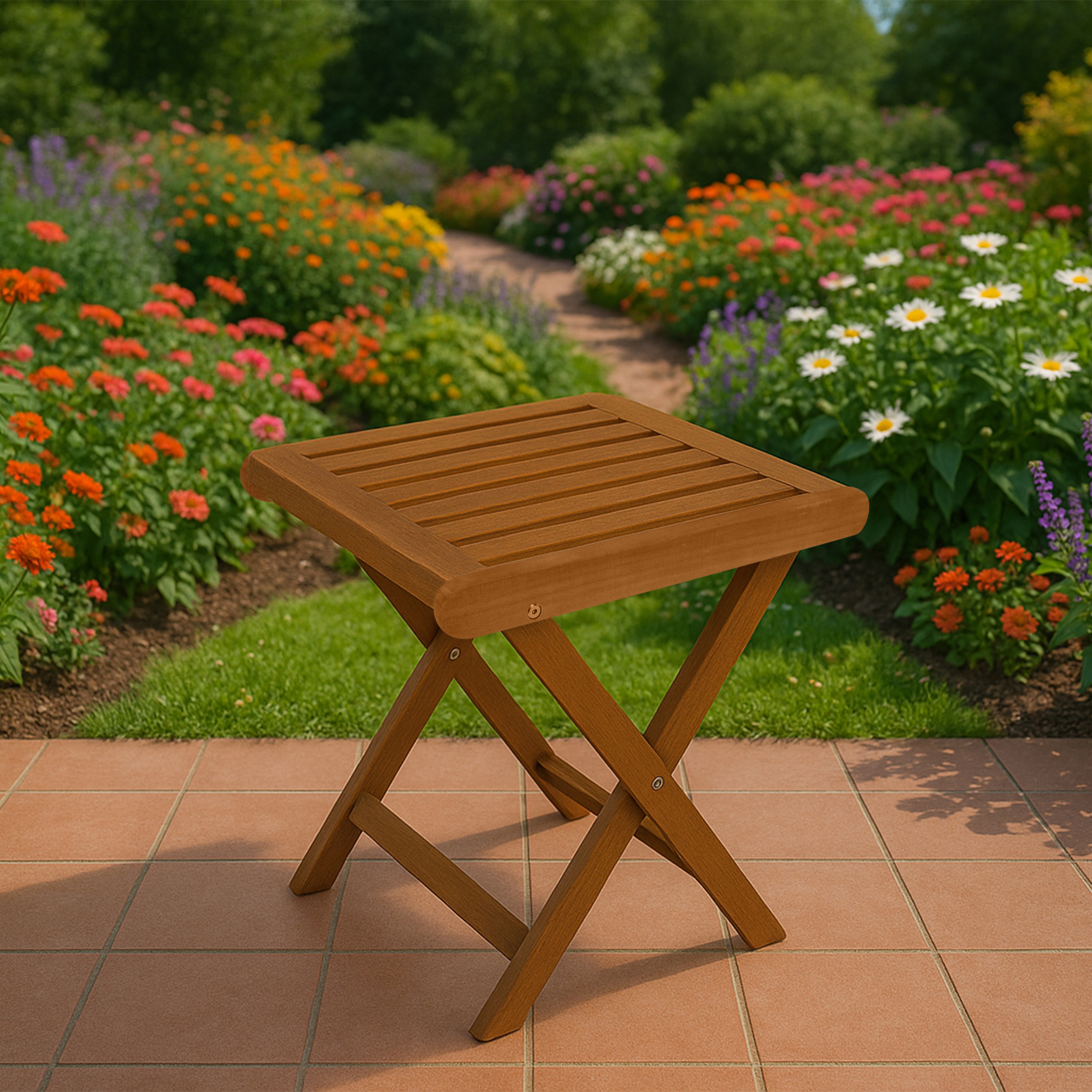 Ein hölzerner Klapptisch auf einer Terrasse. Blumen und ein Weg sind im Hintergrund.