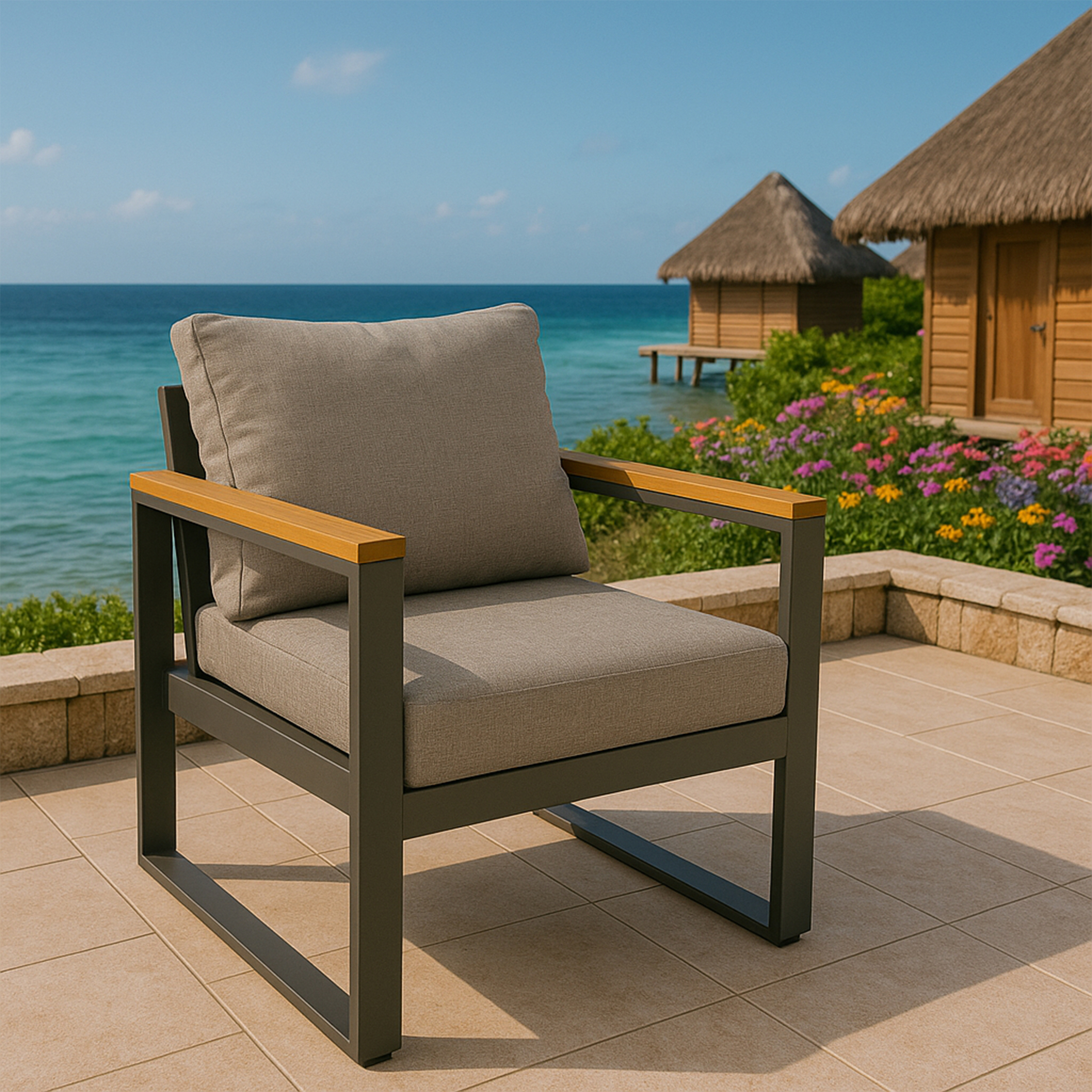 Outdoor-Stuhl mit grauem Rahmen und Kissen. Der Stuhl steht auf einer Terrasse, im Hintergrund Meer und Hütten.