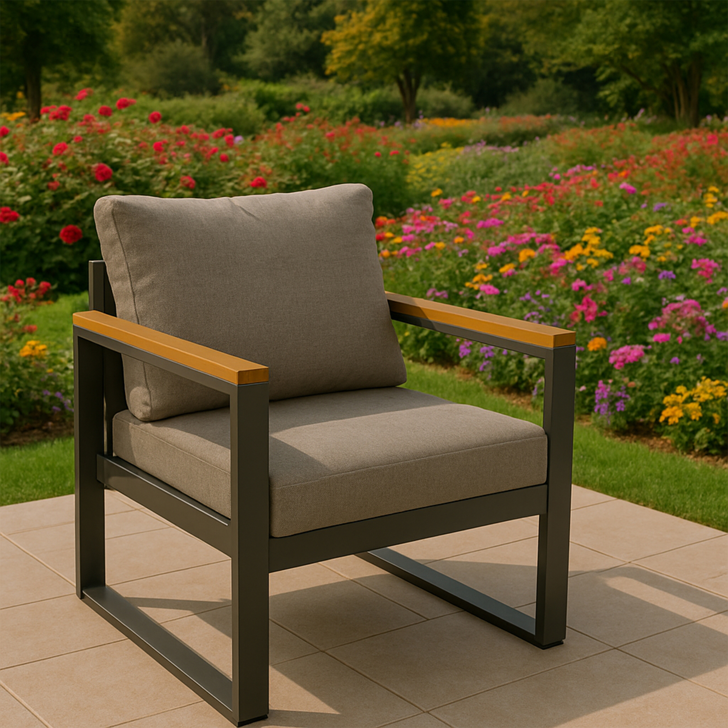 Moderner Outdoor-Stuhl mit grauem Kissen und Holzarmlehnen in einem Garten.
