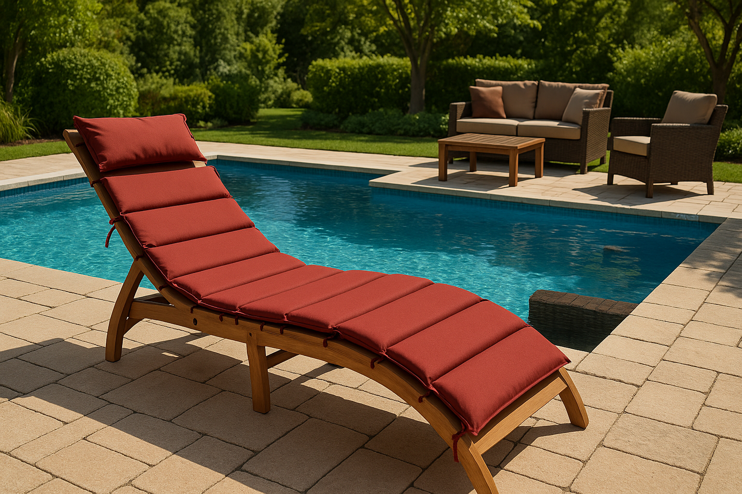 Holzliegestuhl mit roten Kissen, in der Nähe eines Pools. Sofa und Tisch im Hintergrund.