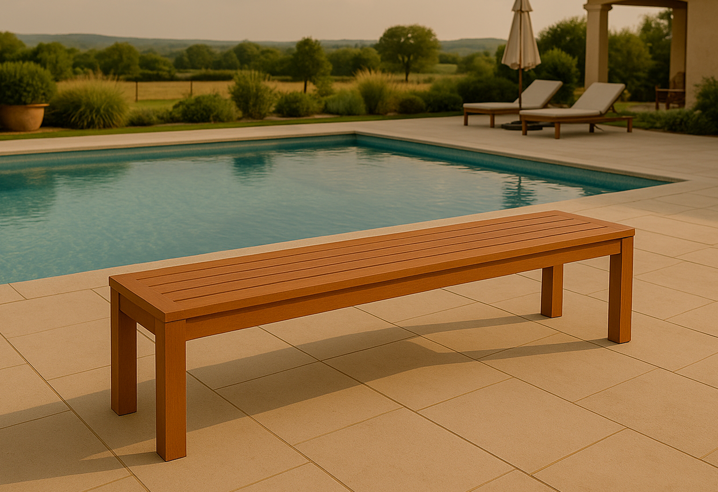 Eine lange Holzbank am Pool. Hintergrund umfasst Pool, Haus und Bäume. Sonniger, heller Tag.