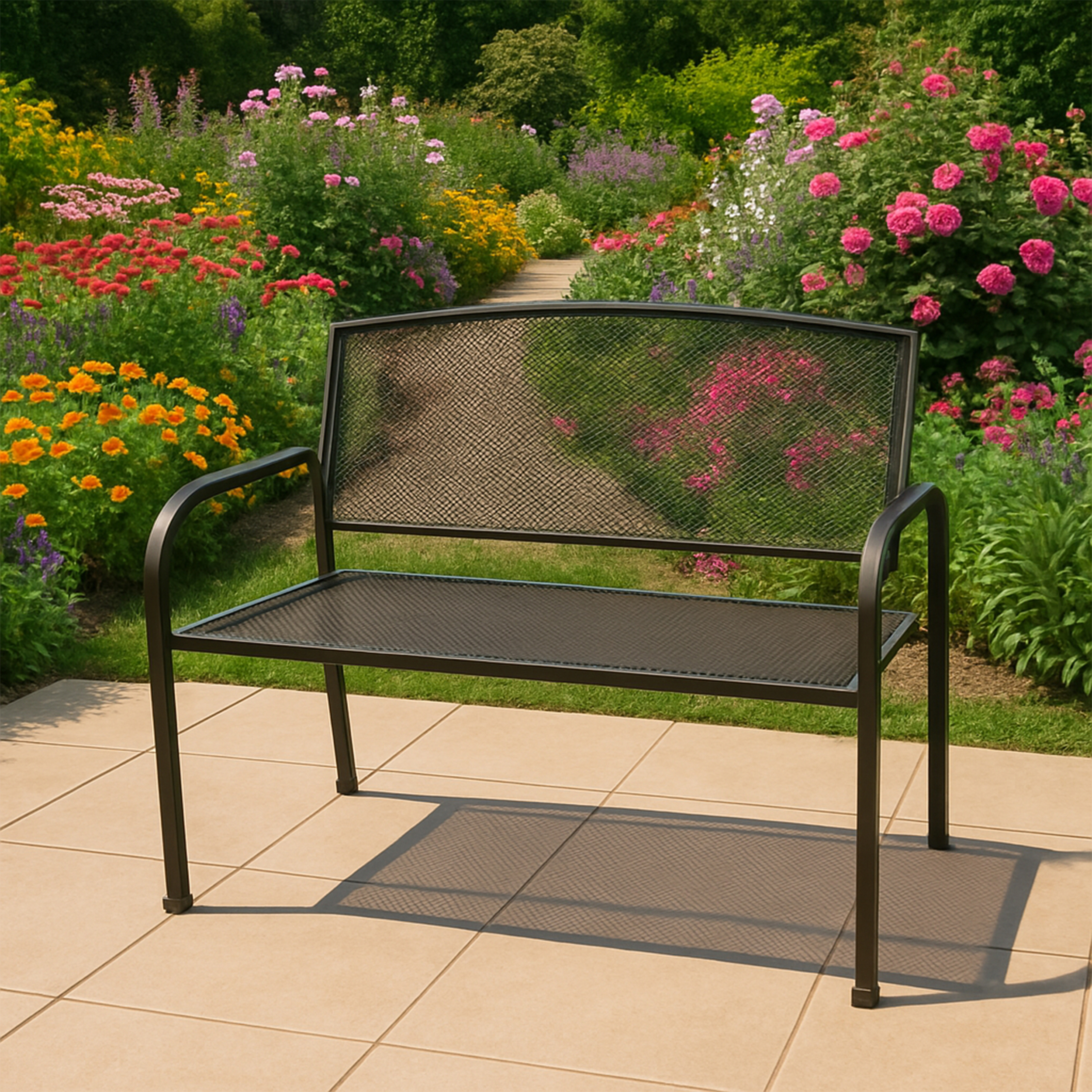 Metallbank in einem Garten. Der Hintergrund zeigt einen Weg und verschiedene Blumen. Die Bank ist schwarz.