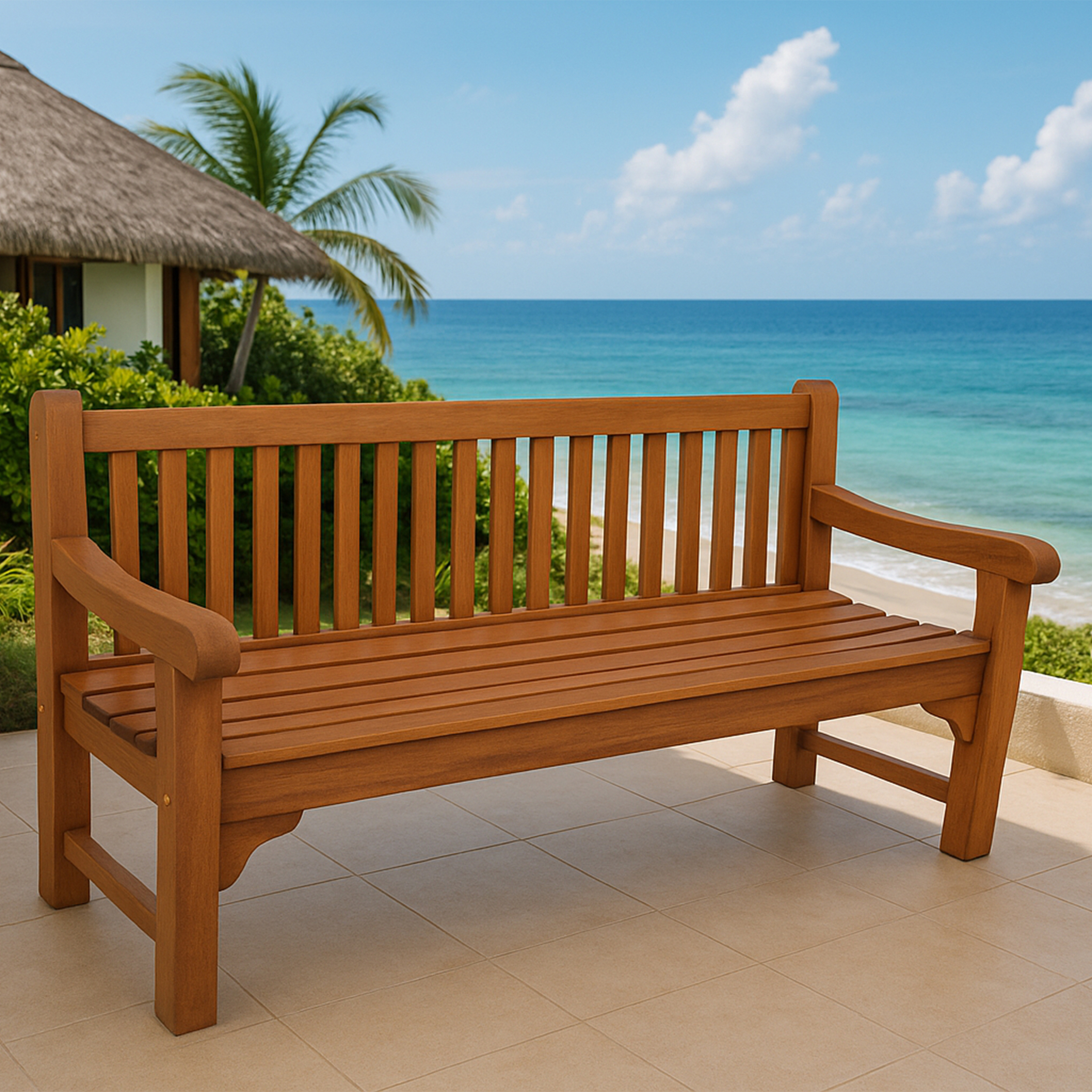 Holzbank auf einer gefliesten Terrasse mit Blick auf das Meer und den Strand.