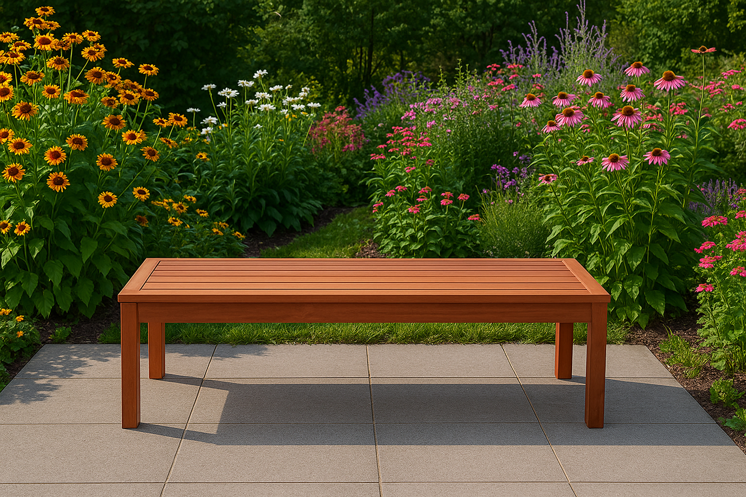 Rechteckiger Holztisch auf einer Terrasse mit einem Gartenhintergrund voller bunter Blumen.