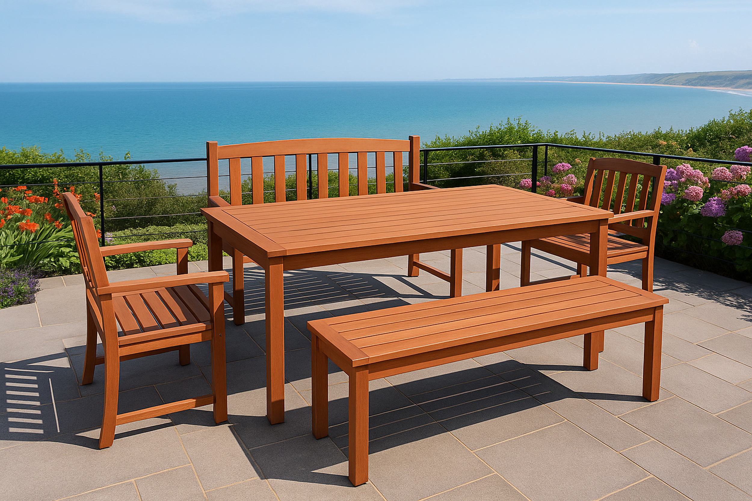 Terrassenset im Freien mit Holztisch und Stühlen, mit Blick auf das Meer. Sonniger Tag.