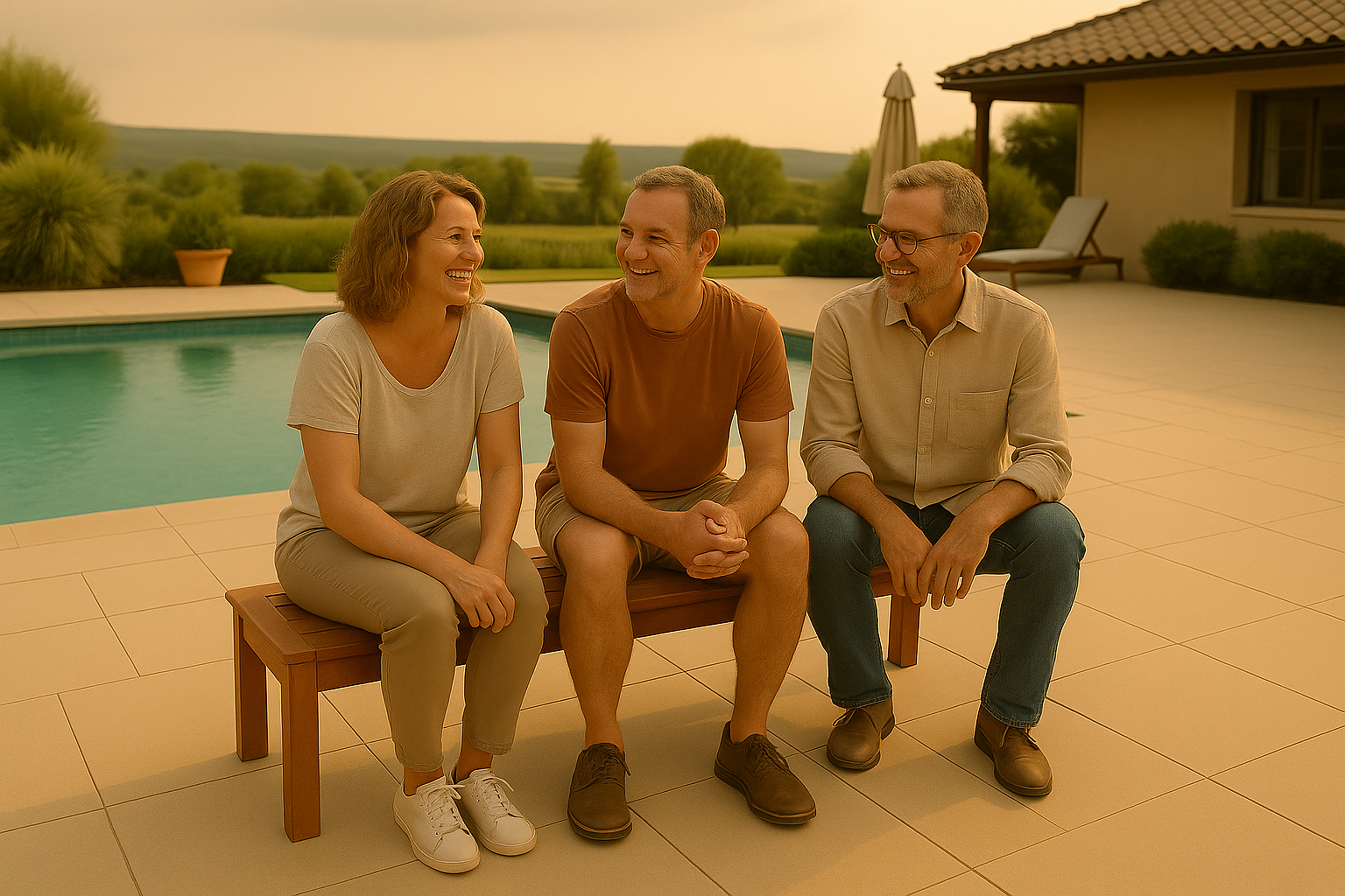 Drei Personen sitzen auf einer Holzbank. Sie lächeln. Im Hintergrund eine Landschaft mit Pool.