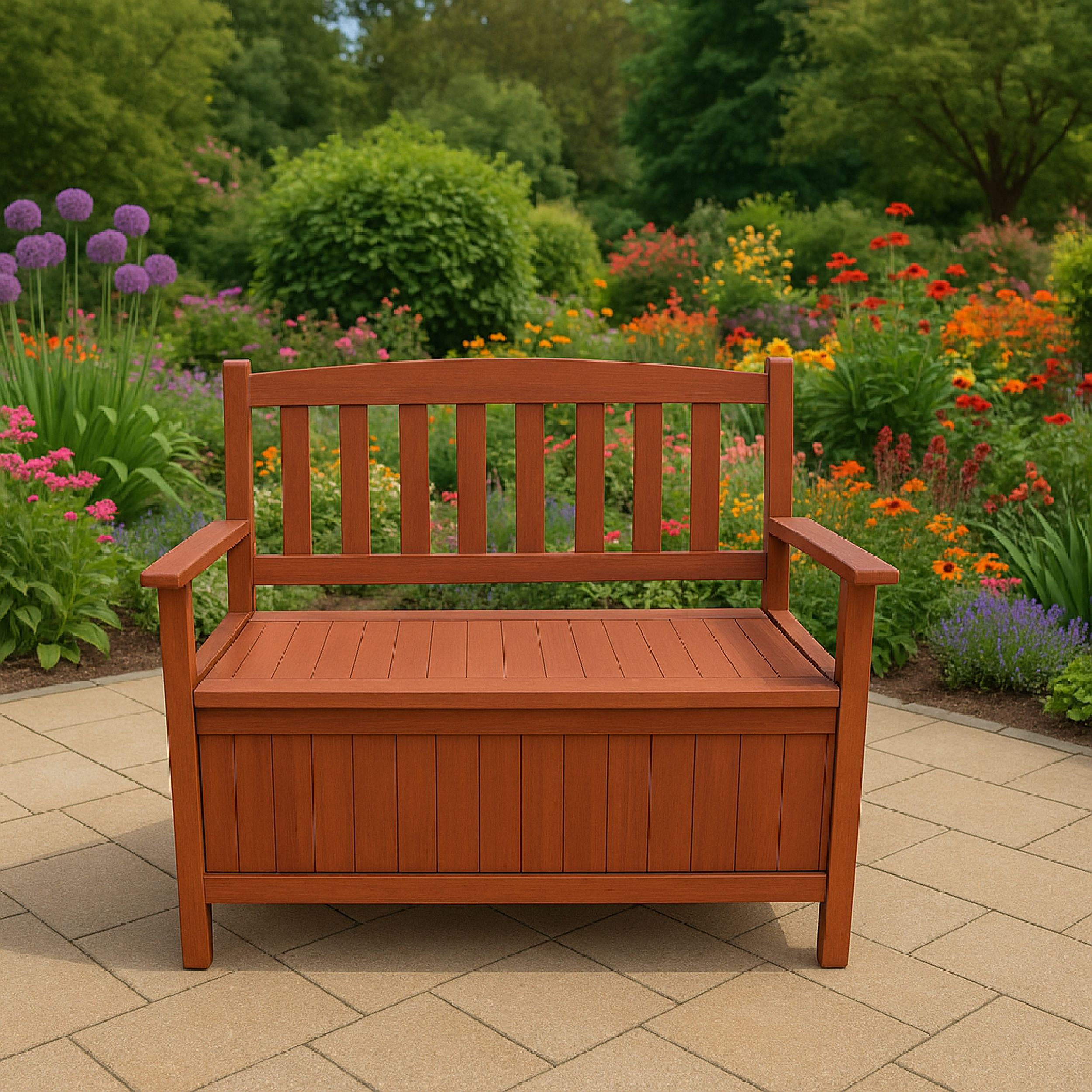 Eine braune Holzbank mit Stauraum steht in einem Garten mit Blumen und einem Weg auf einer gefliesten Terrasse.