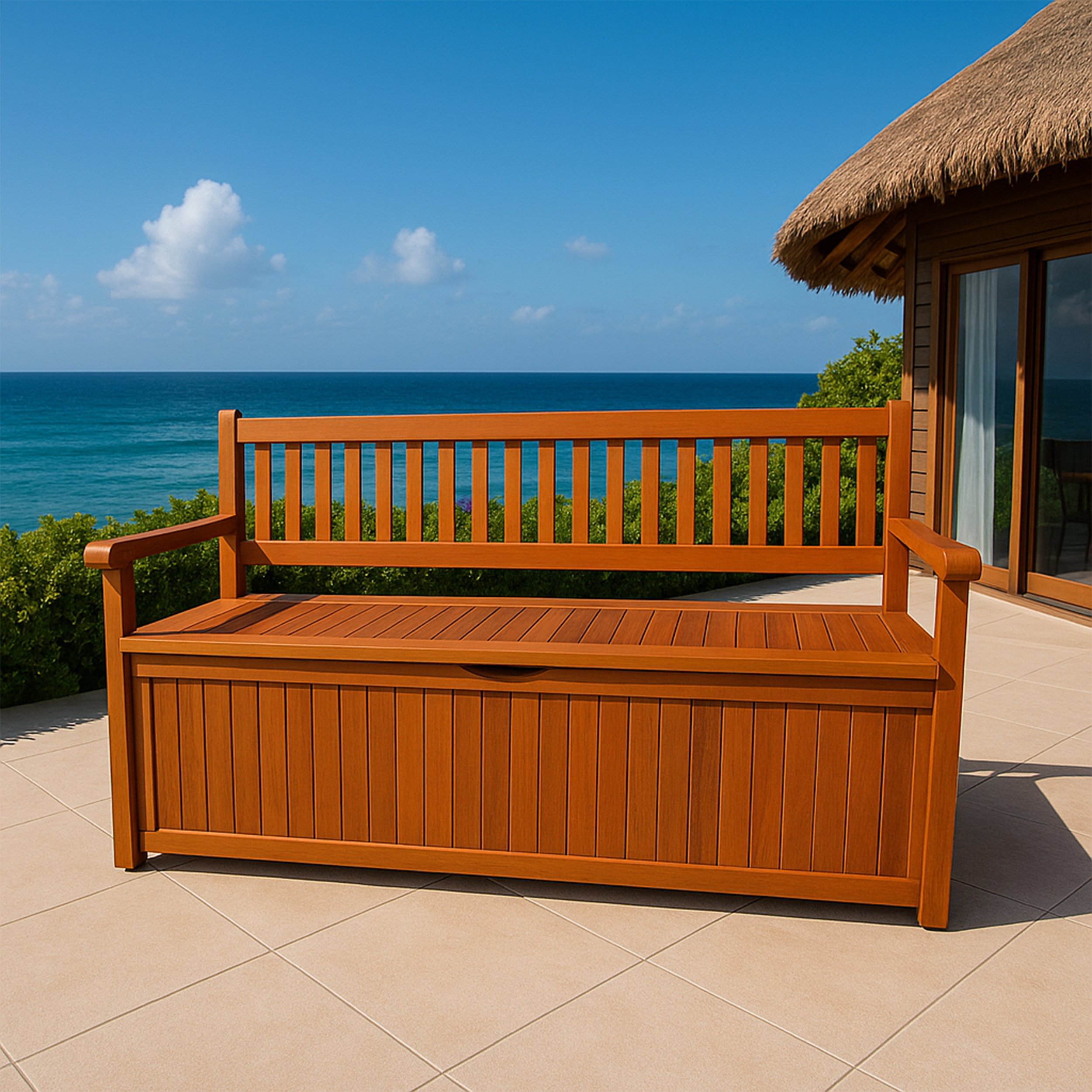 Eine braune Holzbank mit Stauraum steht auf einer Terrasse mit Blick auf das Meer und einen blauen Himmel.