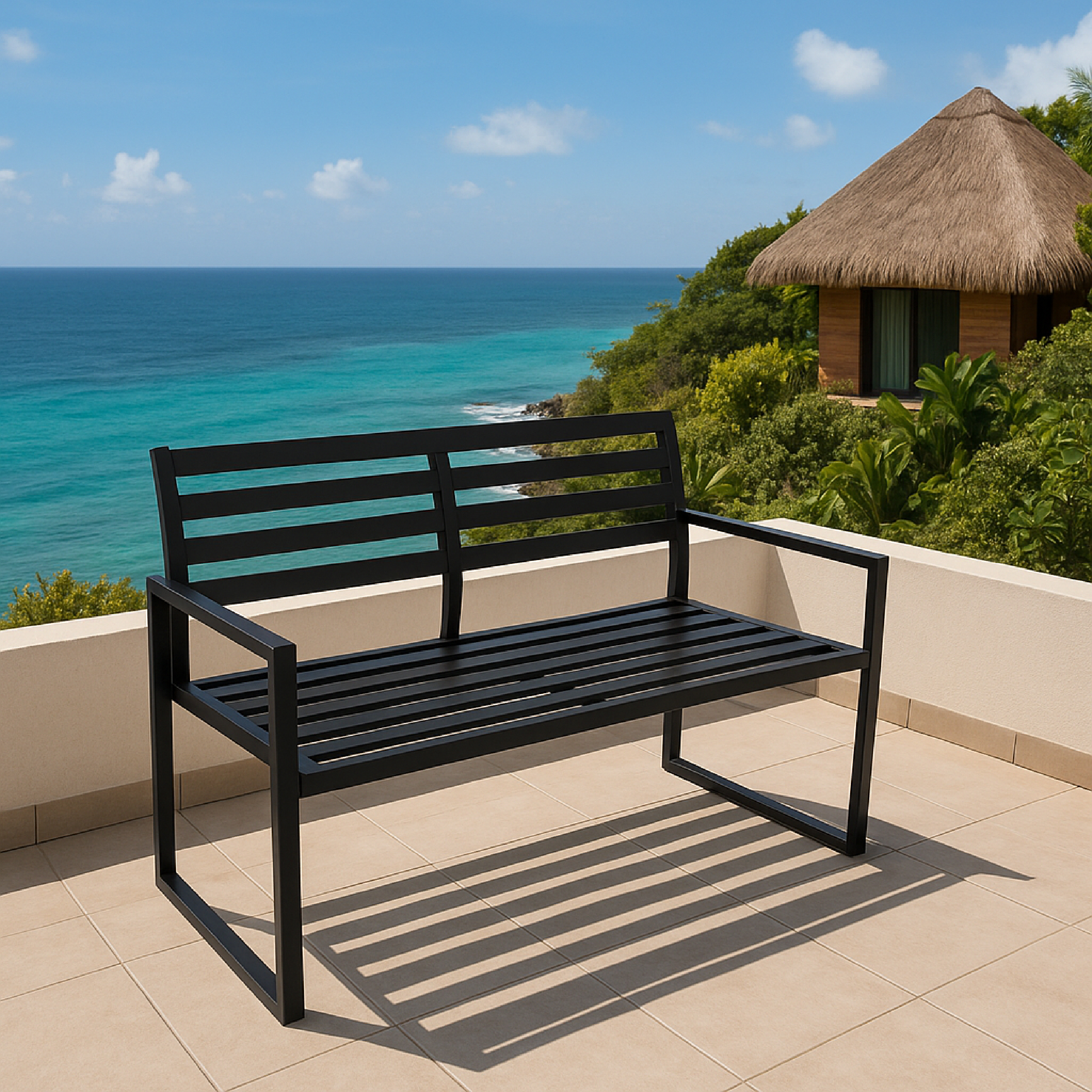 Schwarze Metallbank auf einem Balkon. Meer und Himmel im Hintergrund. Sonniger Tag.
