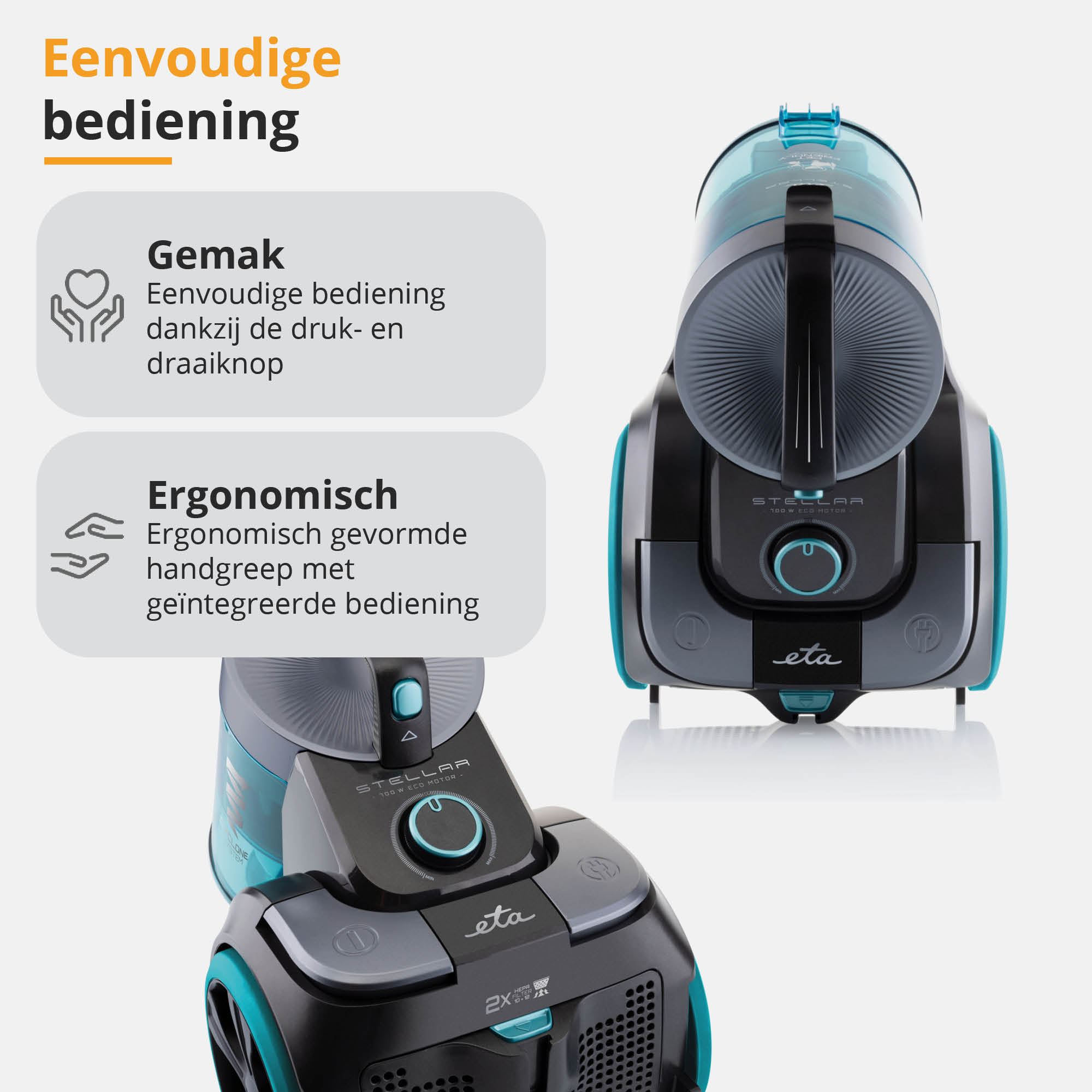 Staubsauger mit Text über einfache Bedienung. Zwei Staubsaugerwinkel, Teal und schwarzes Design.
