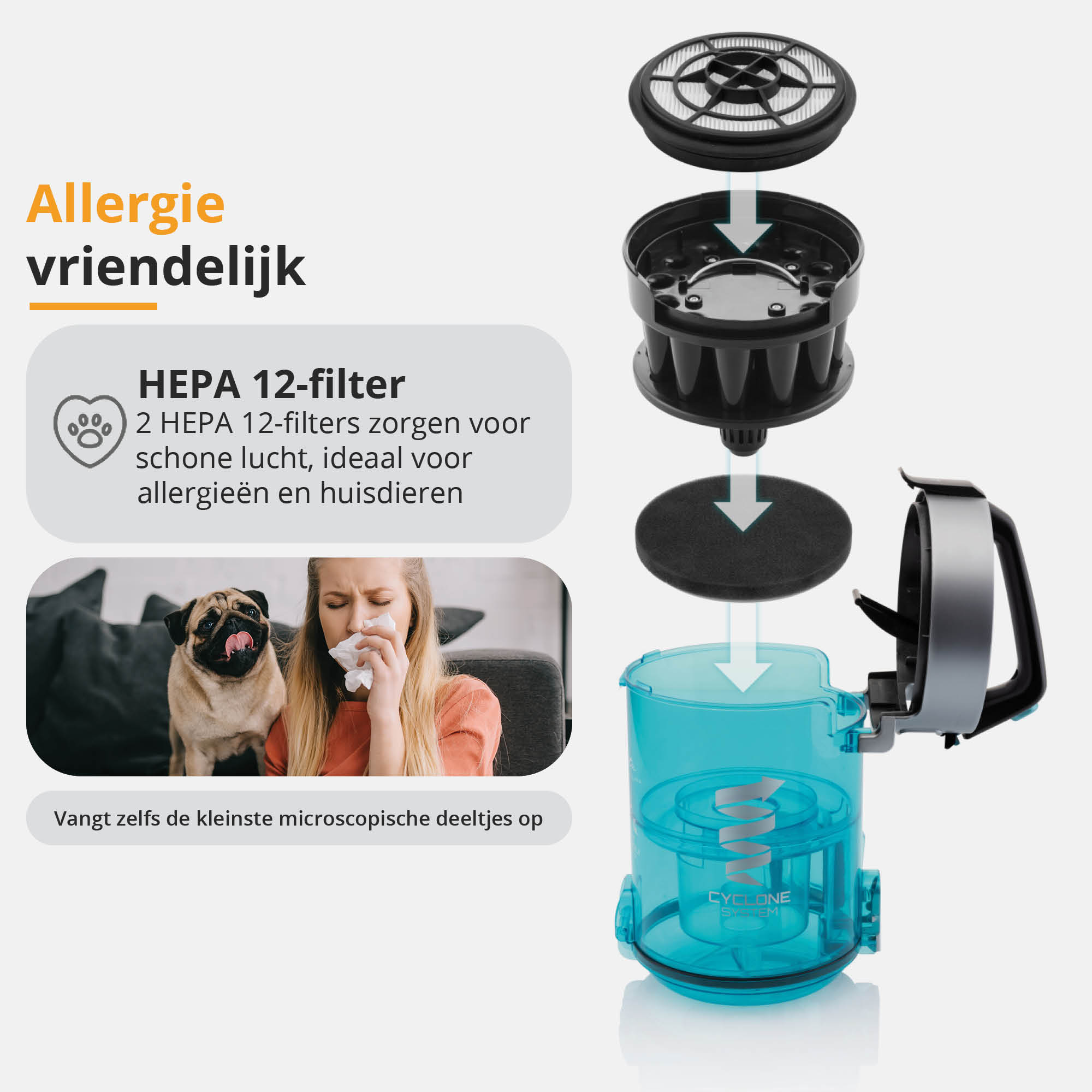 Staubsaugerkomponenten. Die Teile des Staubsaugers werden neben einer Frau und einem Mops gezeigt, beide mit Allergien.