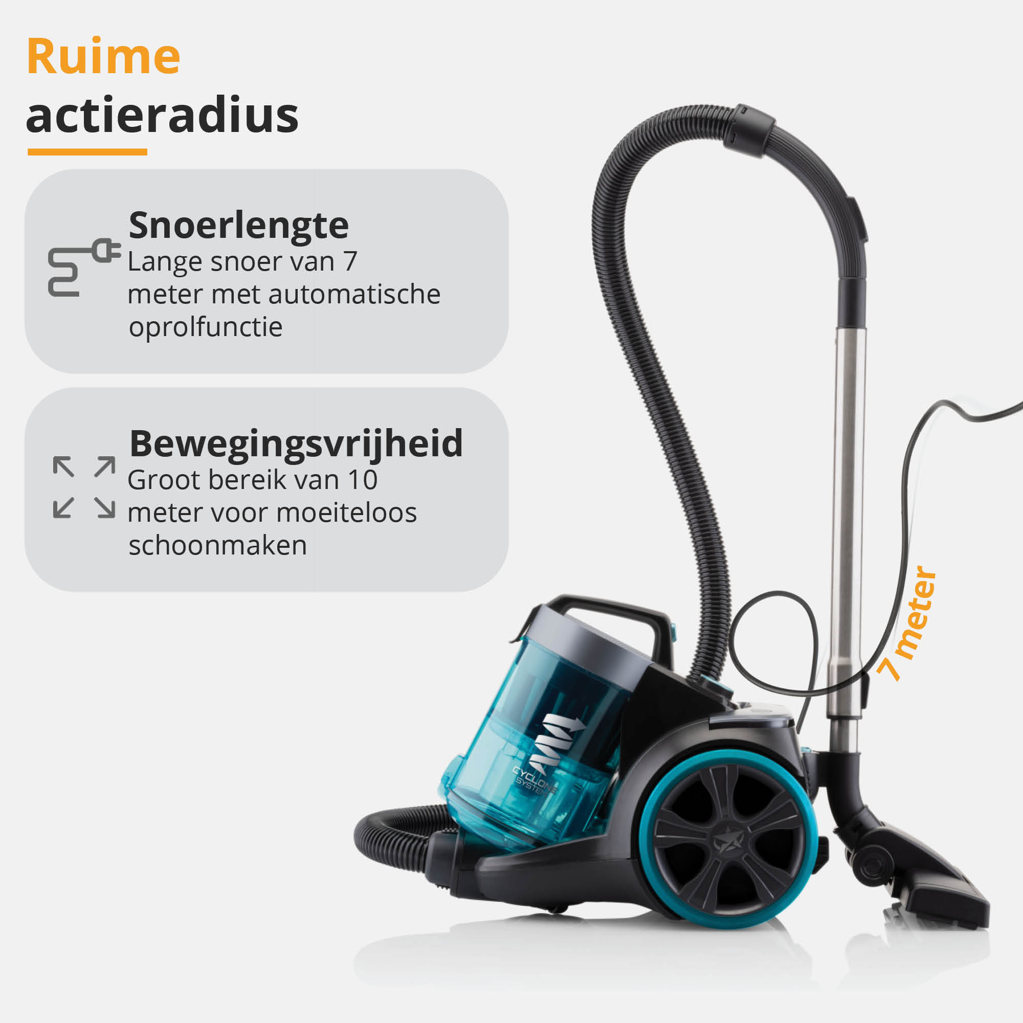Staubsauger mit Text, der Reichweite und Kabellänge beschreibt. Der Staubsauger ist teal und schwarz.