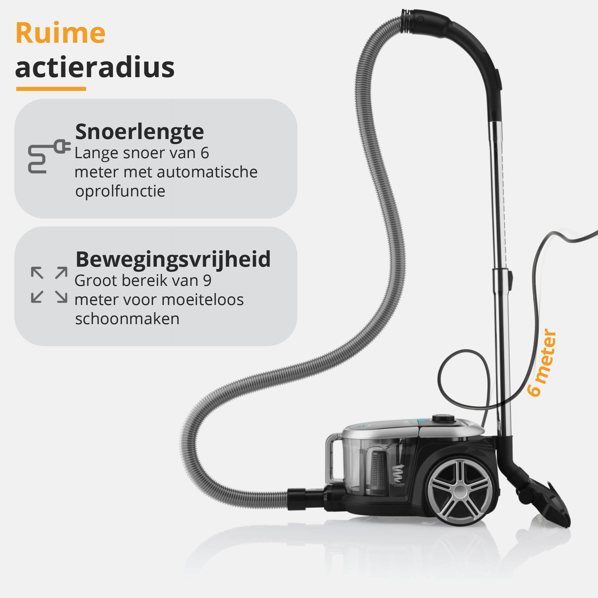 A vacuum cleaner with a long hose. Text shows the length of the cord and the cleaning radius.