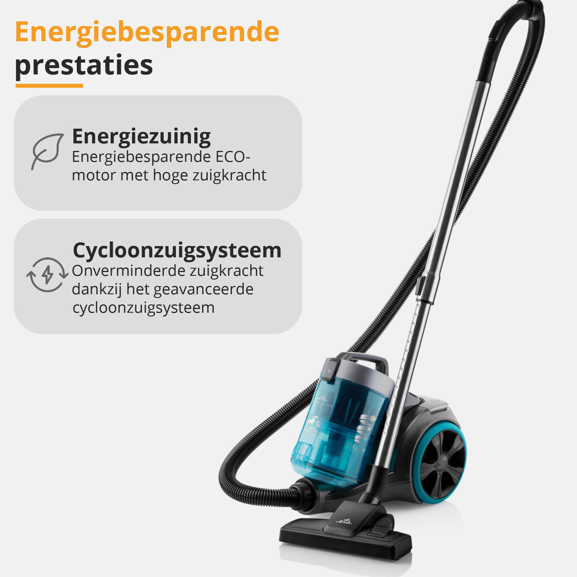 Staubsauger mit Text über energiesparende Leistung. Der Staubsauger hat ein teal- und schwarzes Design.