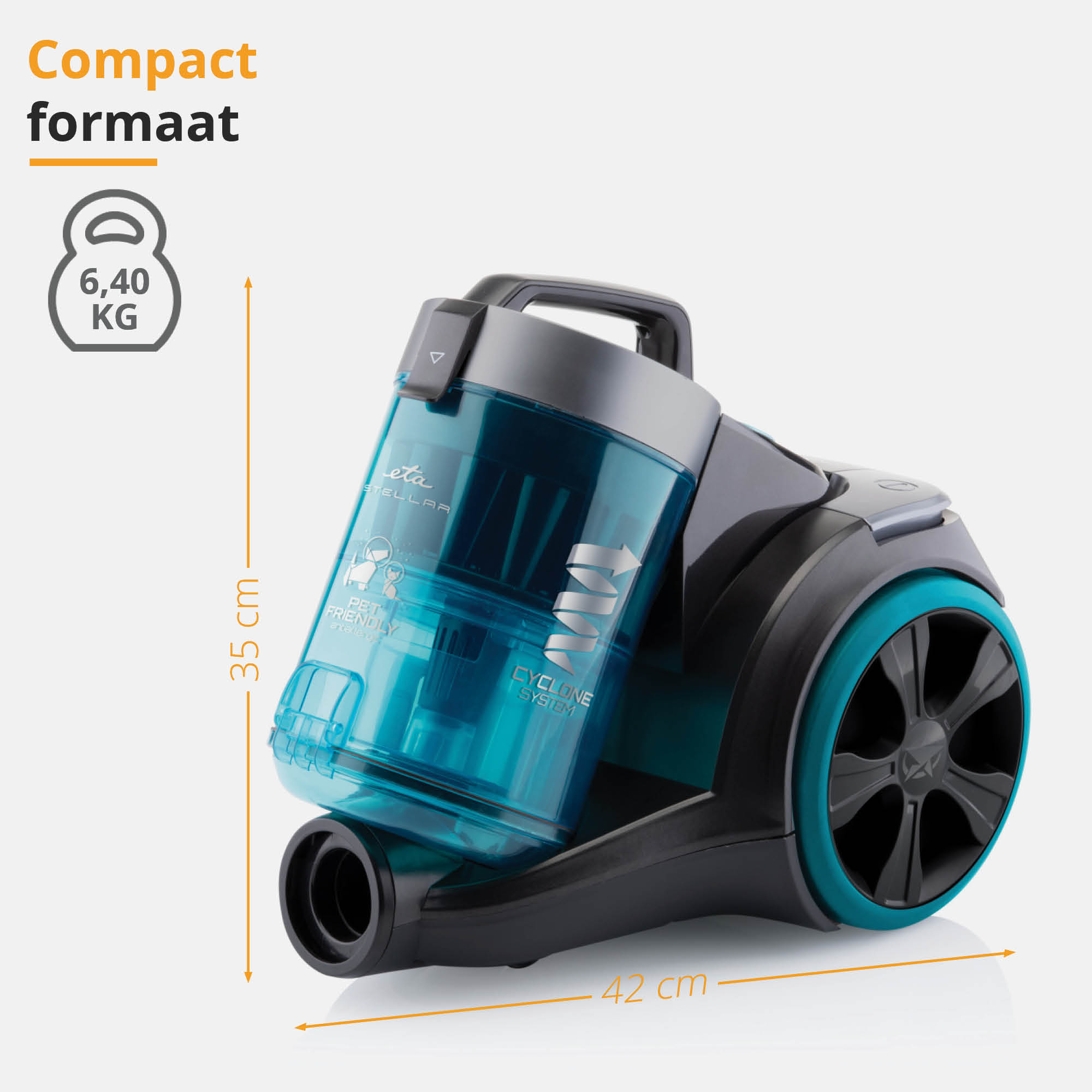 Kompakter Staubsauger in Teal und Schwarz. Abmessungen mit 35 cm und 42 cm werden angezeigt.