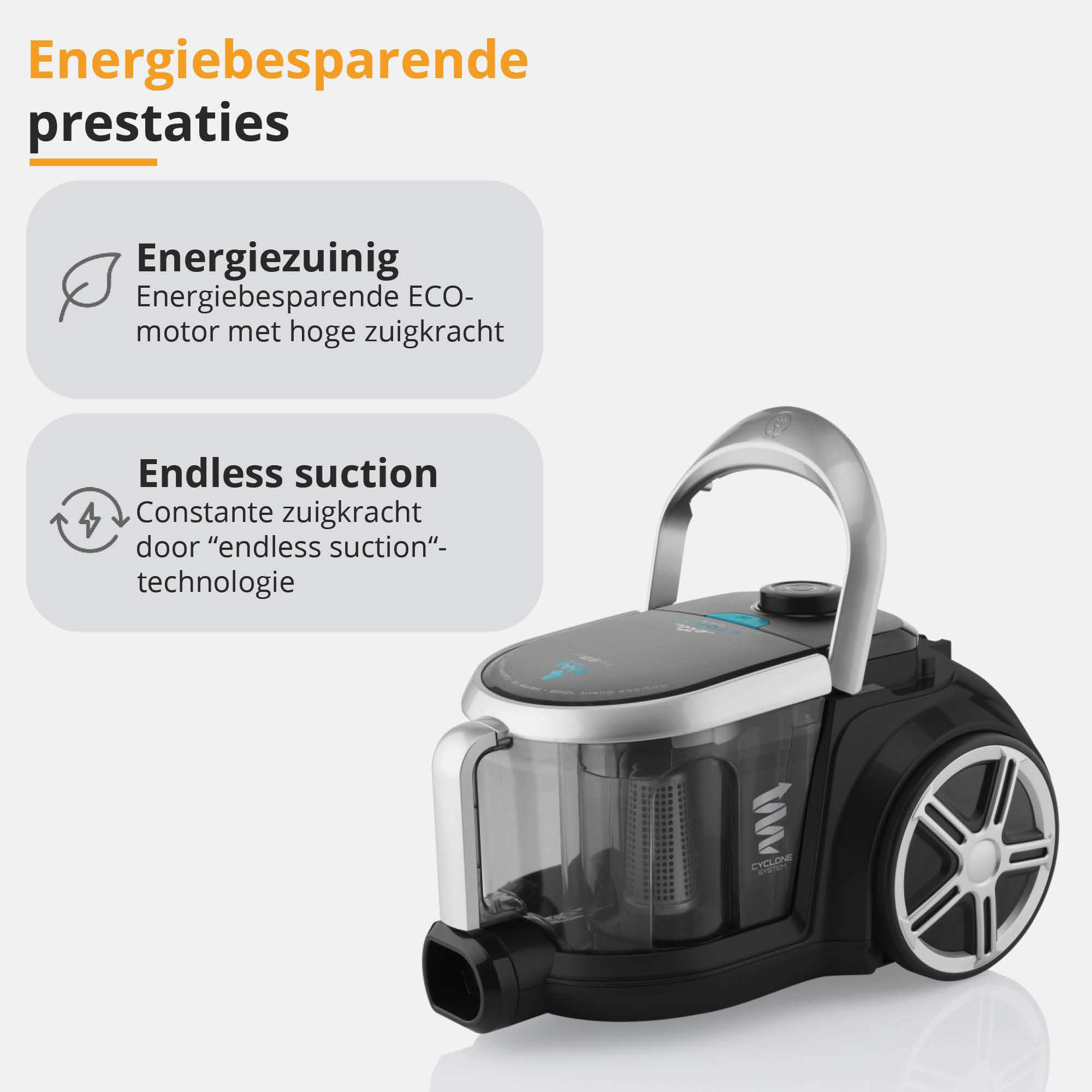 Black vacuum cleaner. Text describes energy-saving performance and constant suction through technology.
