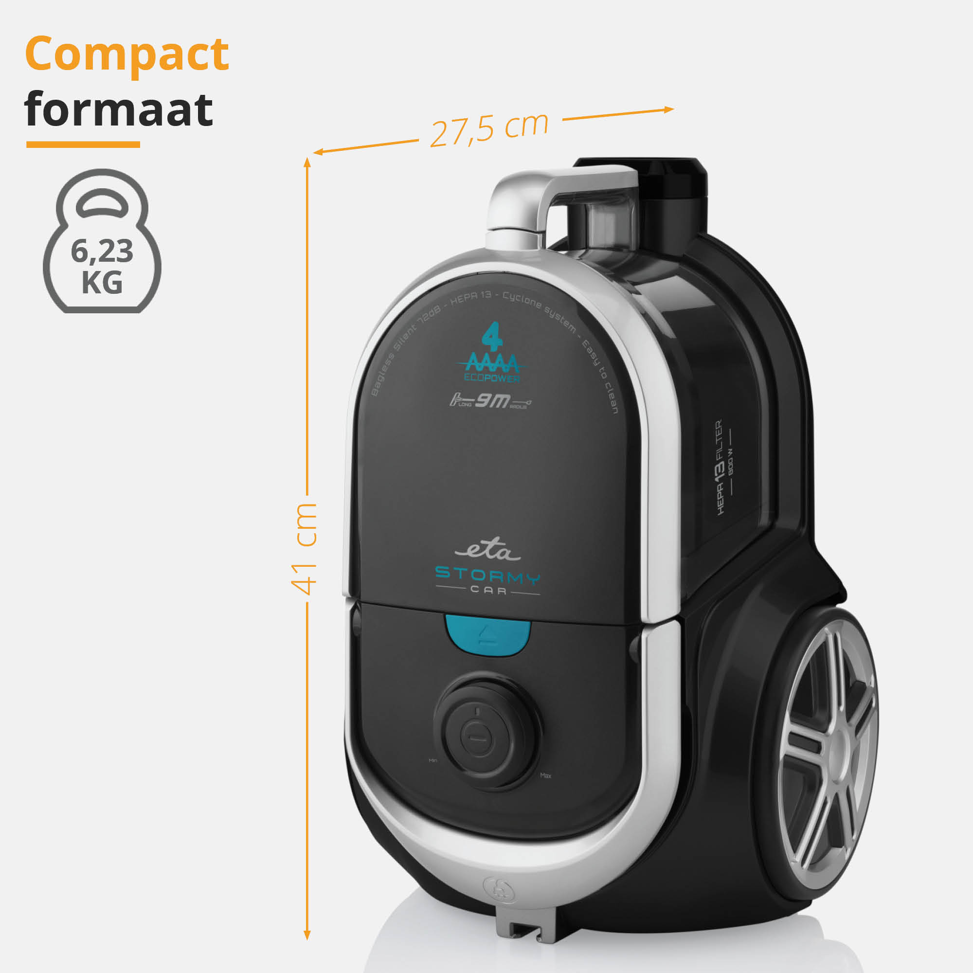 Black vacuum cleaner with dimensions displayed. The vacuum has a black body and a control panel.