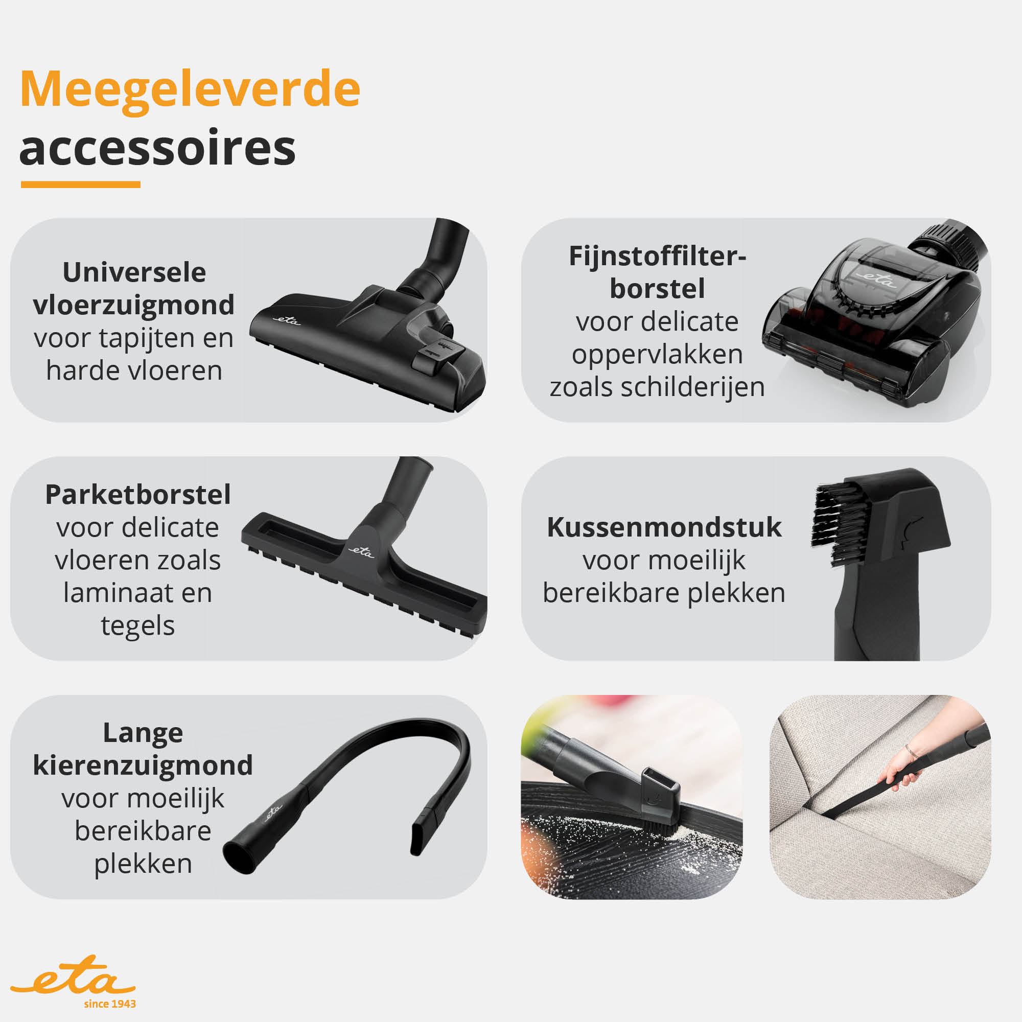 Vacuum cleaner accessories. Images of different attachments: floor tool, crevice tool and more.