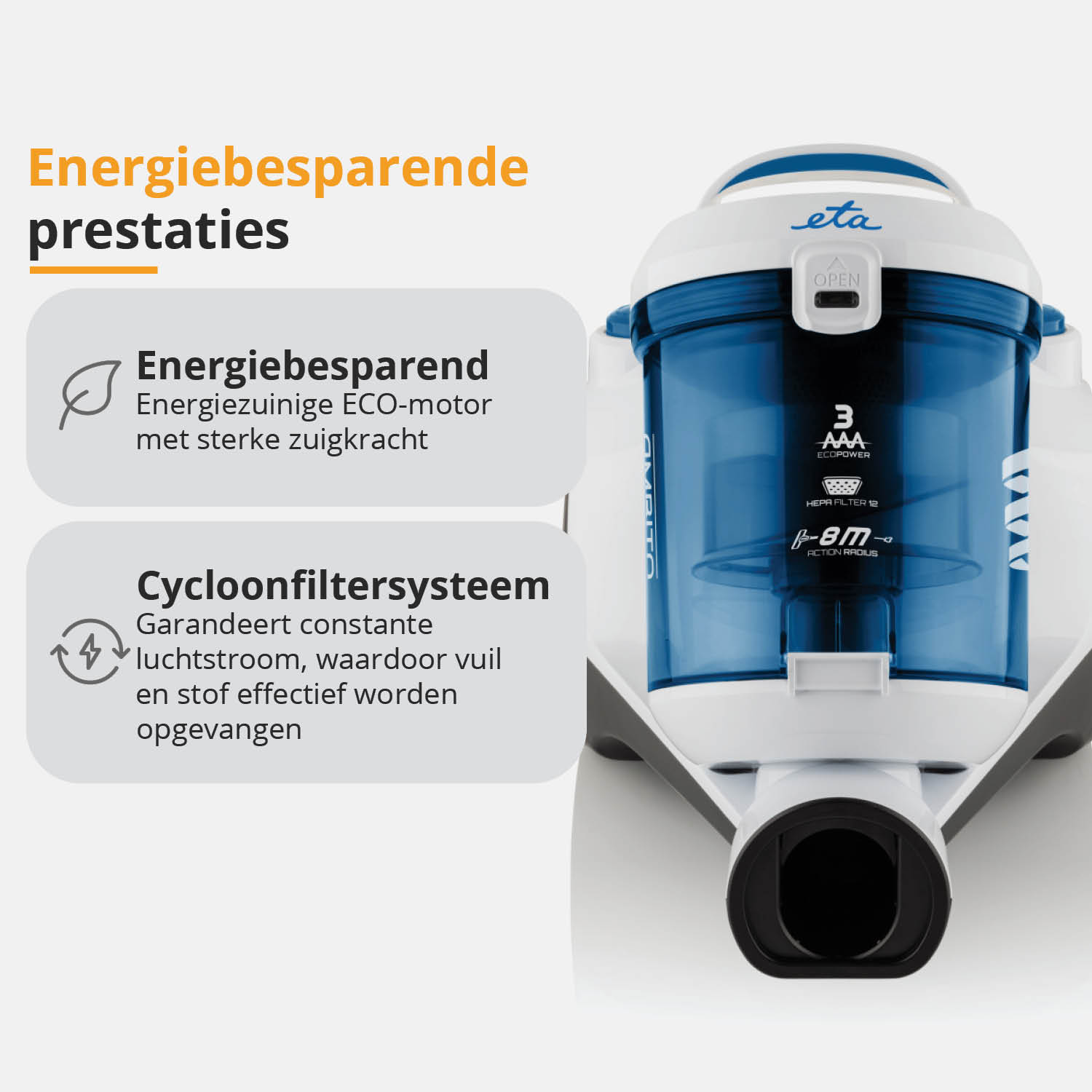 Nahaufnahme eines Staubsaugers. Der Text beschreibt energiesparende Funktionen und das Zyklonfiltersystem.