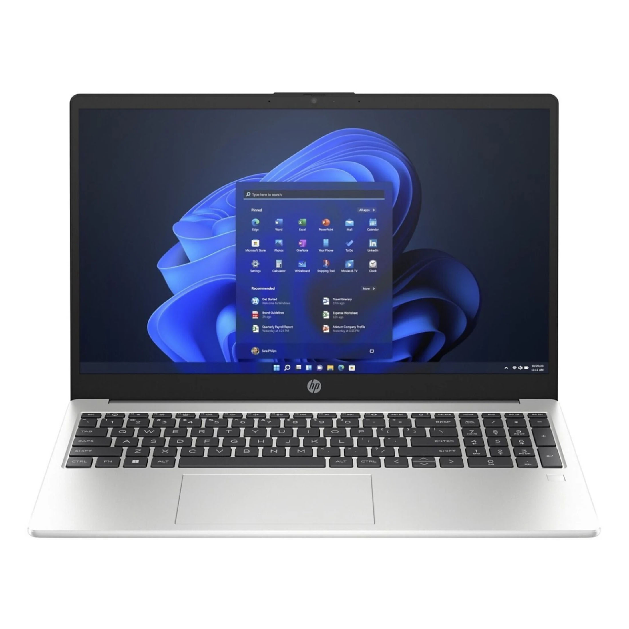 Laptop argentato con tastiera nera e schermo che mostra Windows. Lo schermo mostra icone di app.