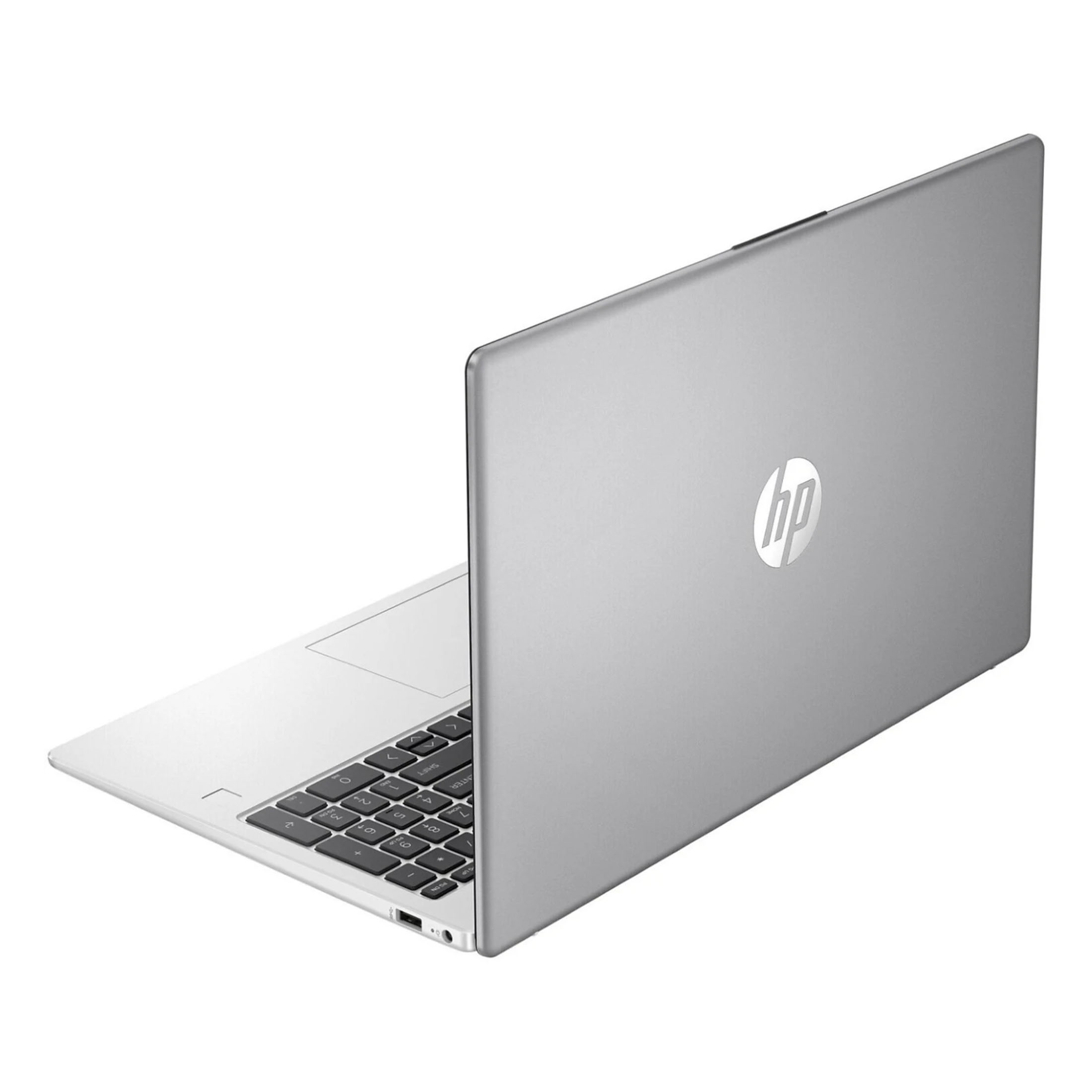 Laptop argentato, vista posteriore, che mostra il logo HP. Il laptop è su uno sfondo bianco.