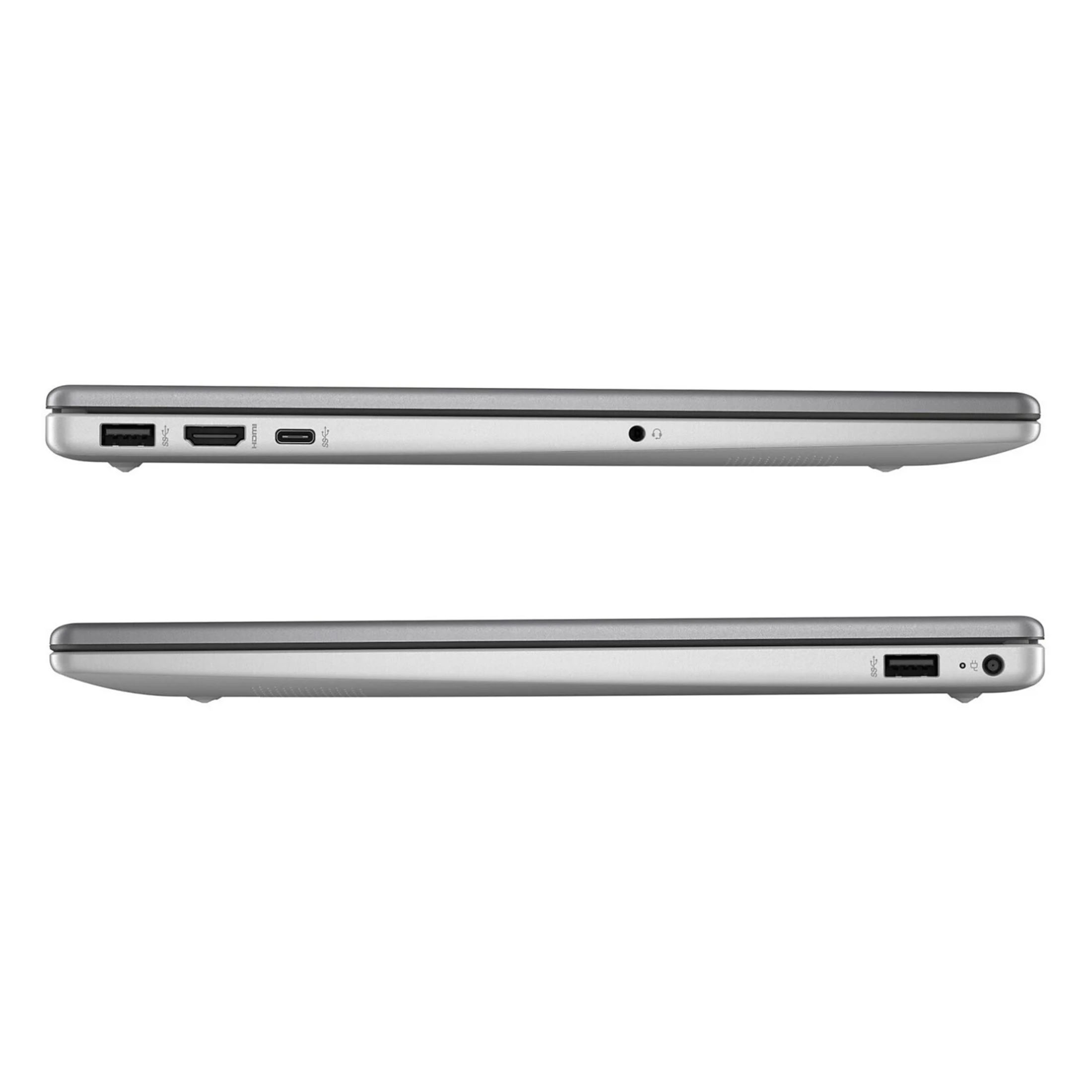 Zwei Seitenansichten eines silbernen Laptops, die Anschlüsse und einen Kopfhöreranschluss zeigen.