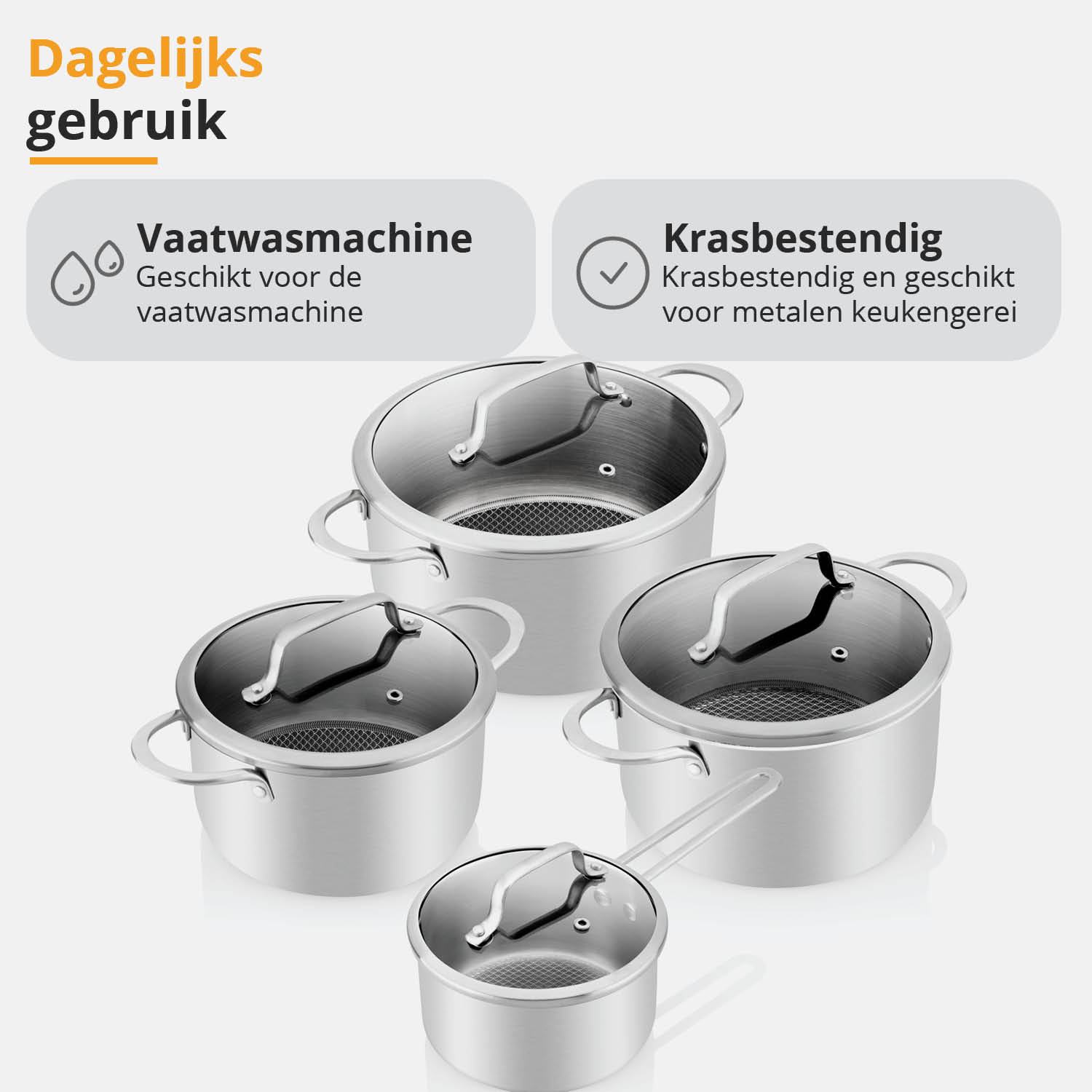 Vier Edelstahltöpfe mit Glasdeckeln. Text auf Niederländisch: Täglicher Gebrauch, spülmaschinenfest.