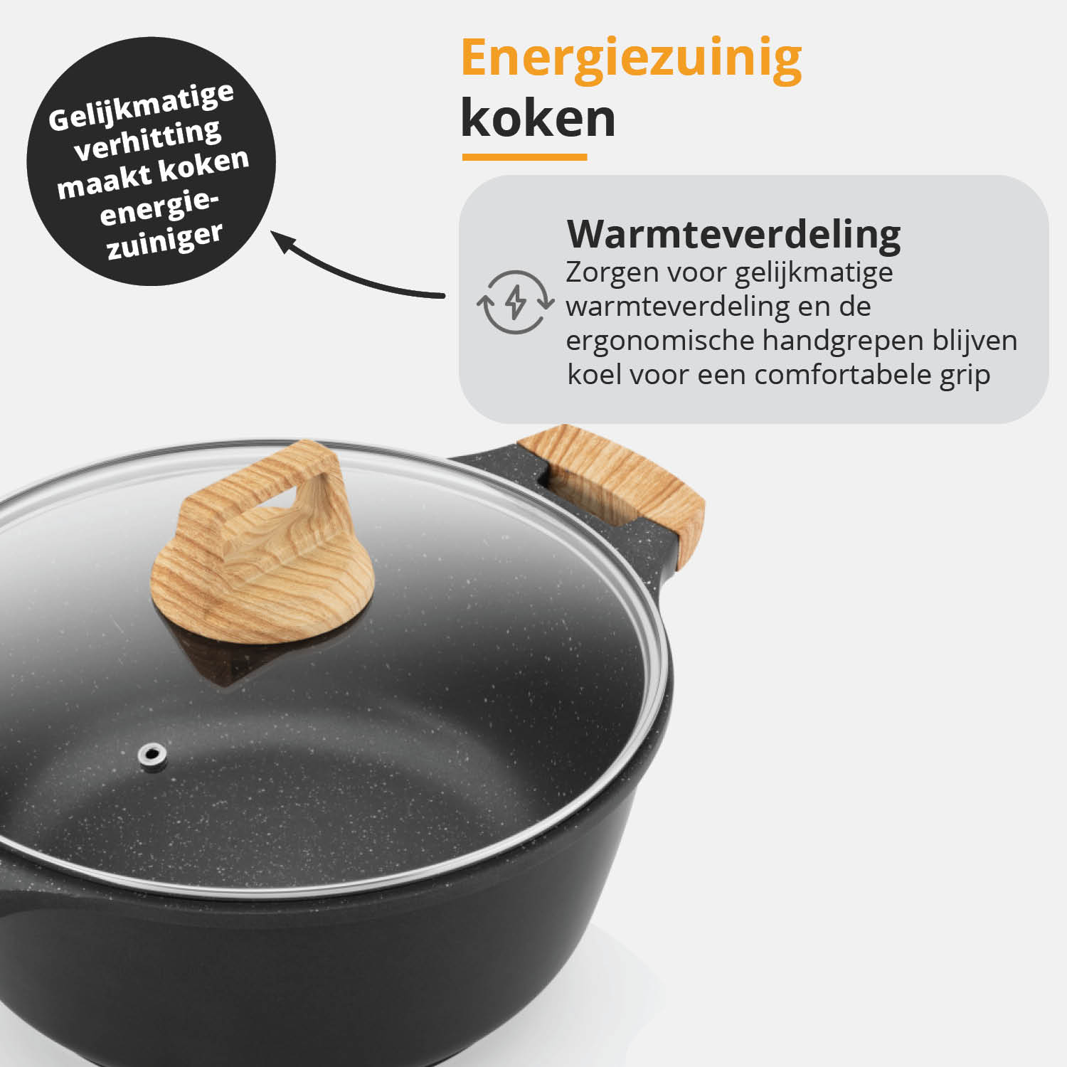 Ein schwarzer Kochtopf mit Glasdeckel und Holzgriff. Text beschreibt gleichmäßige Wärmeverteilung.