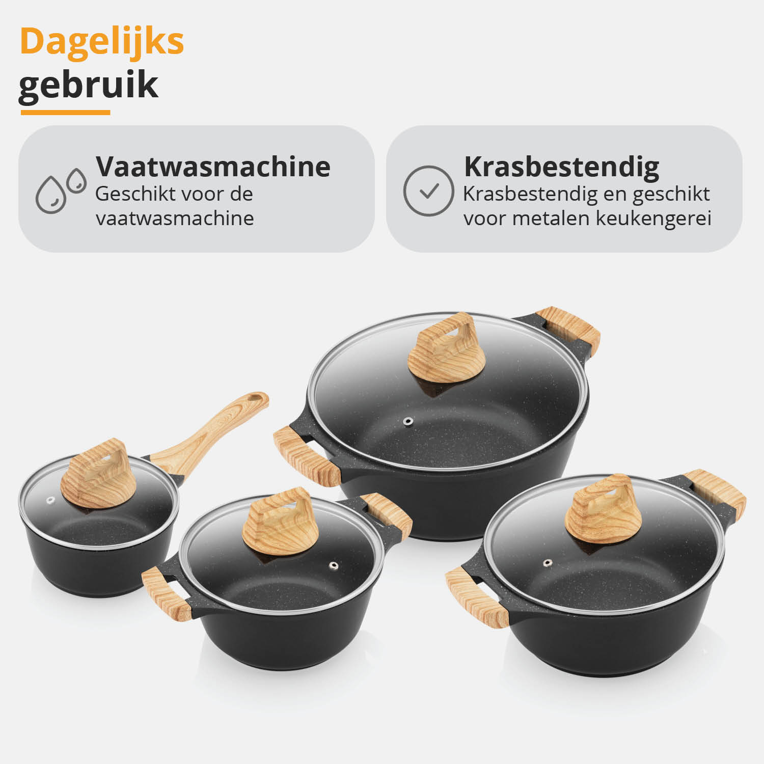 Mehrere schwarze Töpfe mit Holzgriffen und Glasdeckeln, die für Spülmaschinen geeignet und kratzfest sind.