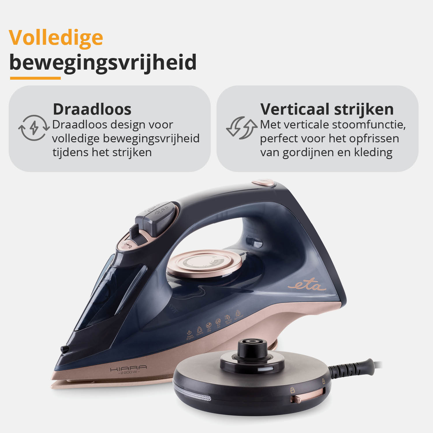 Bügeleisen mit Ständer. Text beschreibt kabelloses Design und vertikales Dampf für Vorhänge und Kleidung.