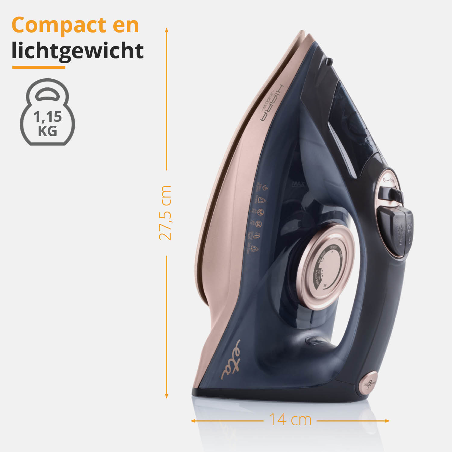 Ein Bügeleisen, Seitenansicht, mit den Maßen 27,5 cm Höhe und 14 cm Breite. Das Gewicht beträgt 1,15 kg.