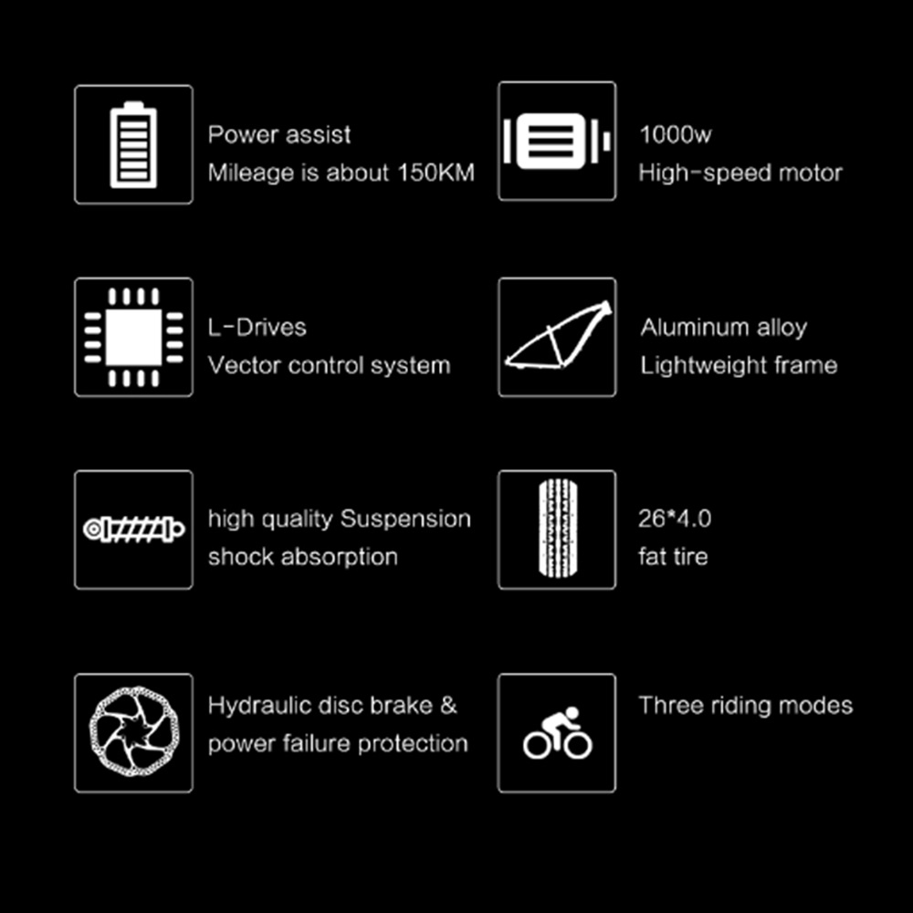Una serie di icone su sfondo nero. Le icone mostrano informazioni su una e-bike.