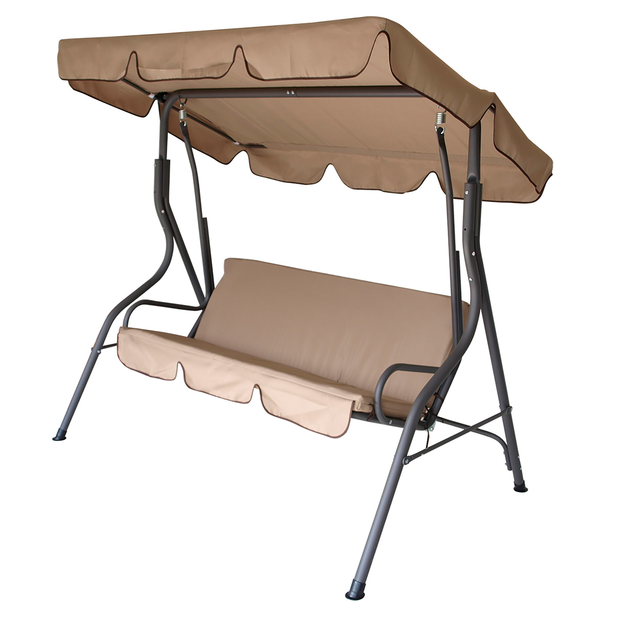 Beige Schaukel mit beigem Baldachin. Brauner Metallrahmen. Isoliert auf weißem Hintergrund.