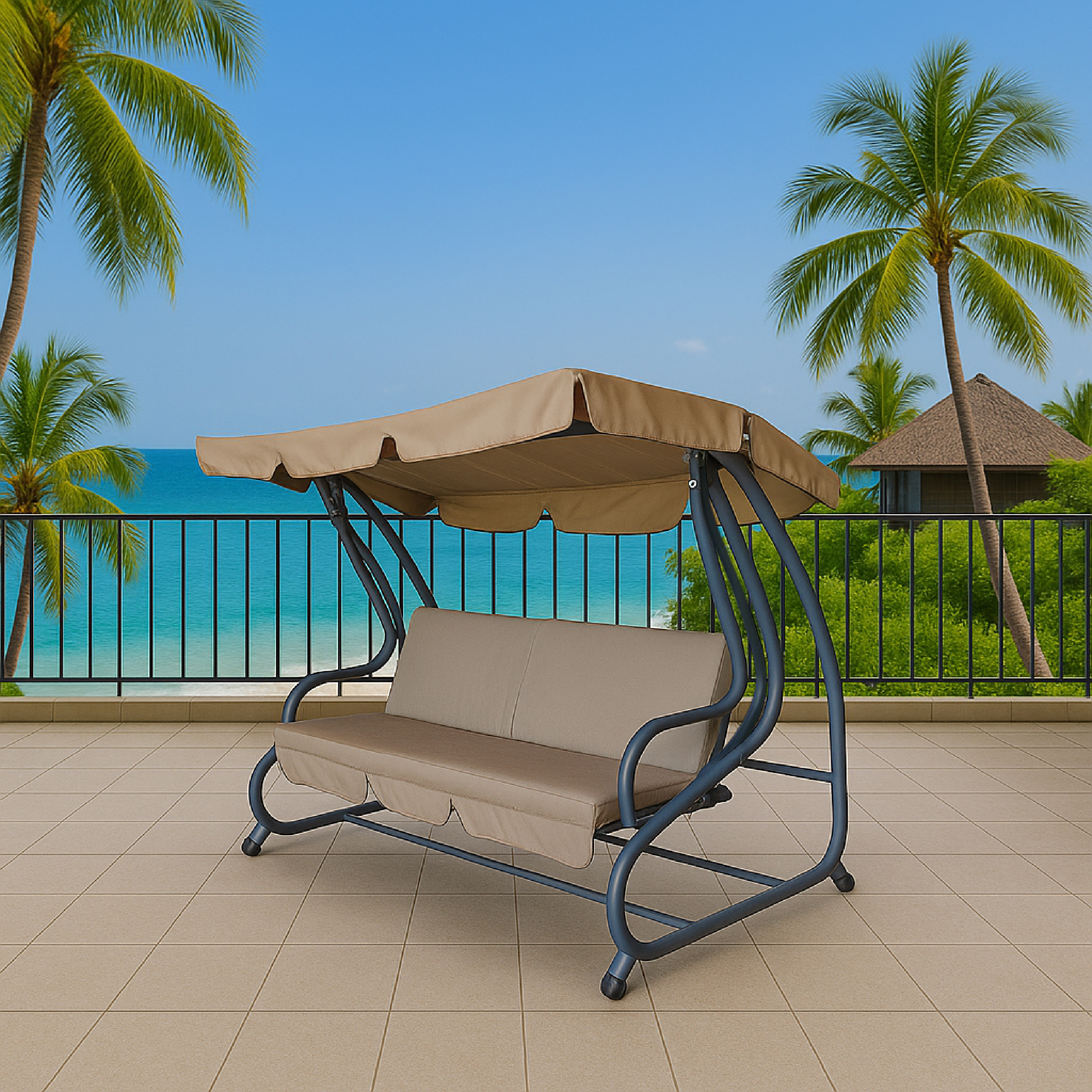 Eine beige Schaukel auf einer Terrasse mit Blick auf das Meer. Palmen sind im Hintergrund zu sehen.