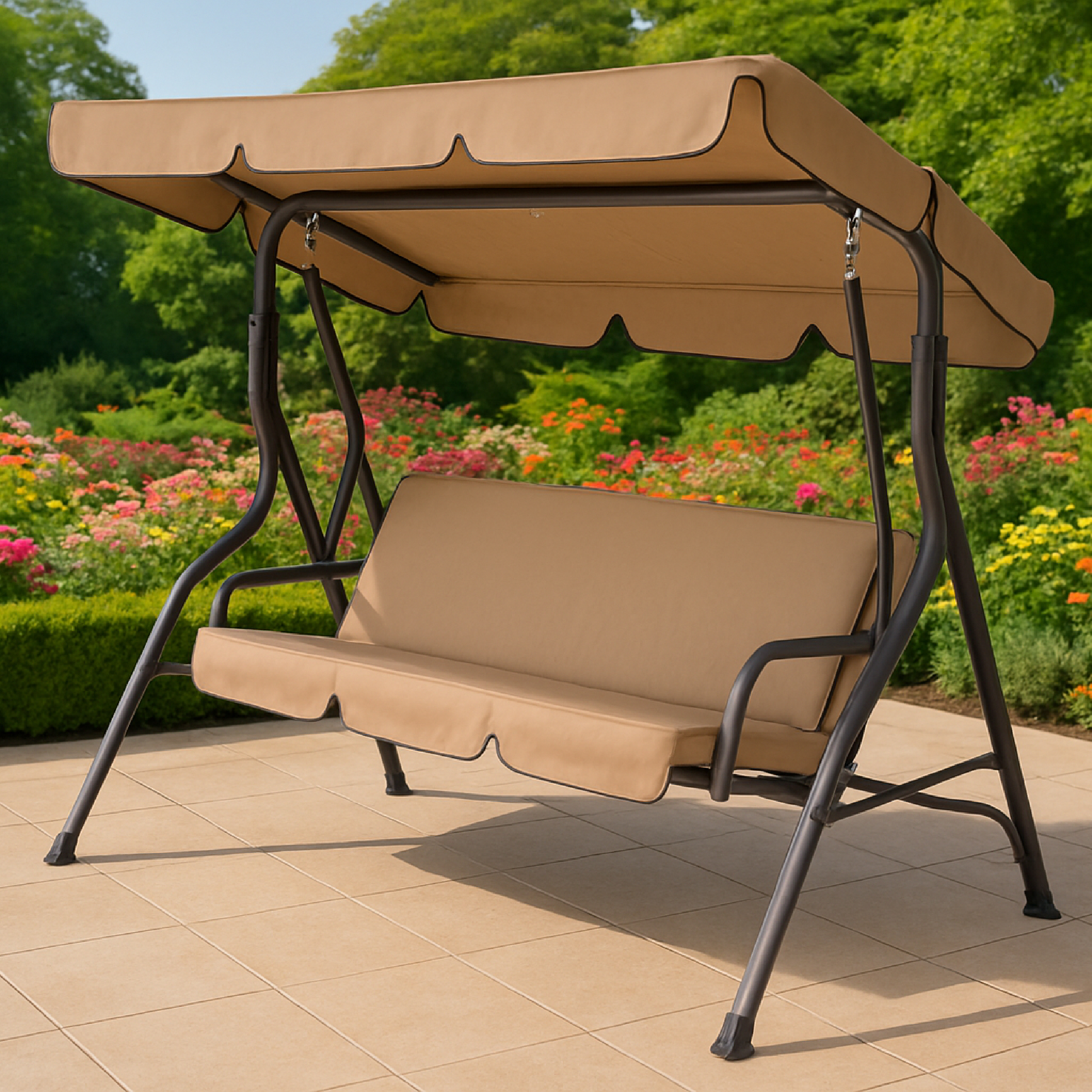 Ein beiges Schaukelset auf einer gefliesten Terrasse, umgeben von grünen Büschen und bunten Blumen. Ein brauner Metallrahmen.