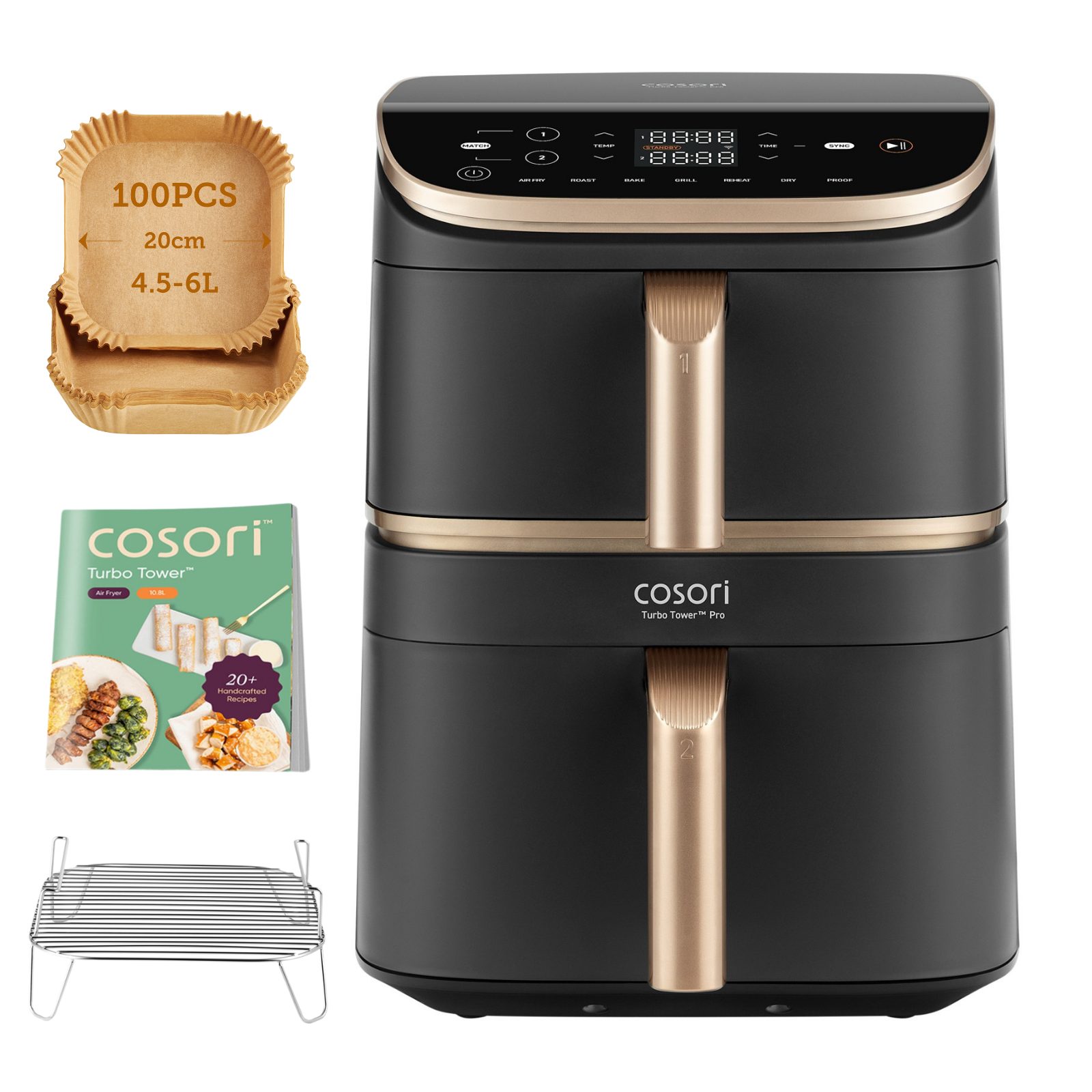Friteuse à air noire et dorée avec accessoires. Comprend des doublures en papier, un livre de cuisine et une grille.