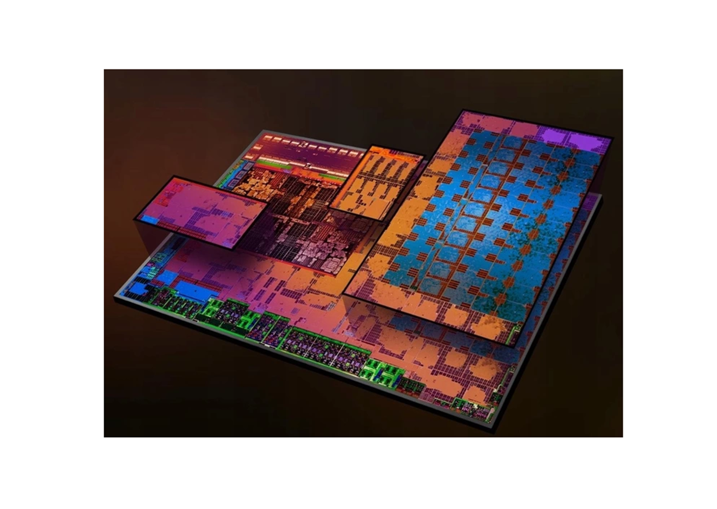 Primo piano di chip di computer. Più chip sono a strati, vari colori, su una superficie scura. I chip hanno design intricati.