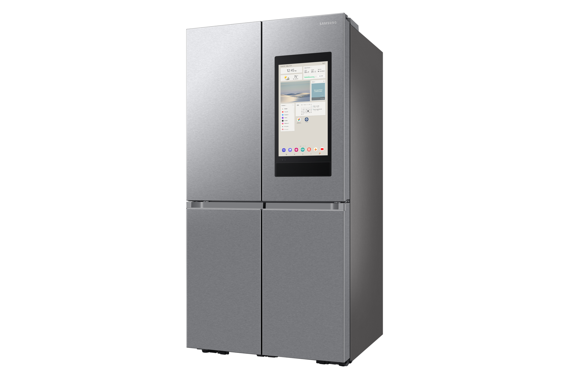 Frigorifero argentato con schermo touchscreen sulla porta, sfondo nero.