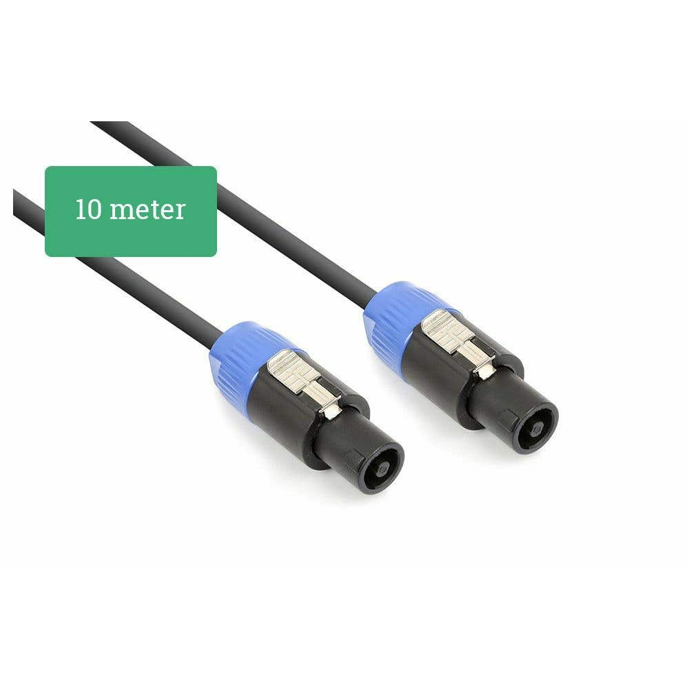 Dos cables de audio negros con conectores azules. Rectángulo verde con '10 metros'.