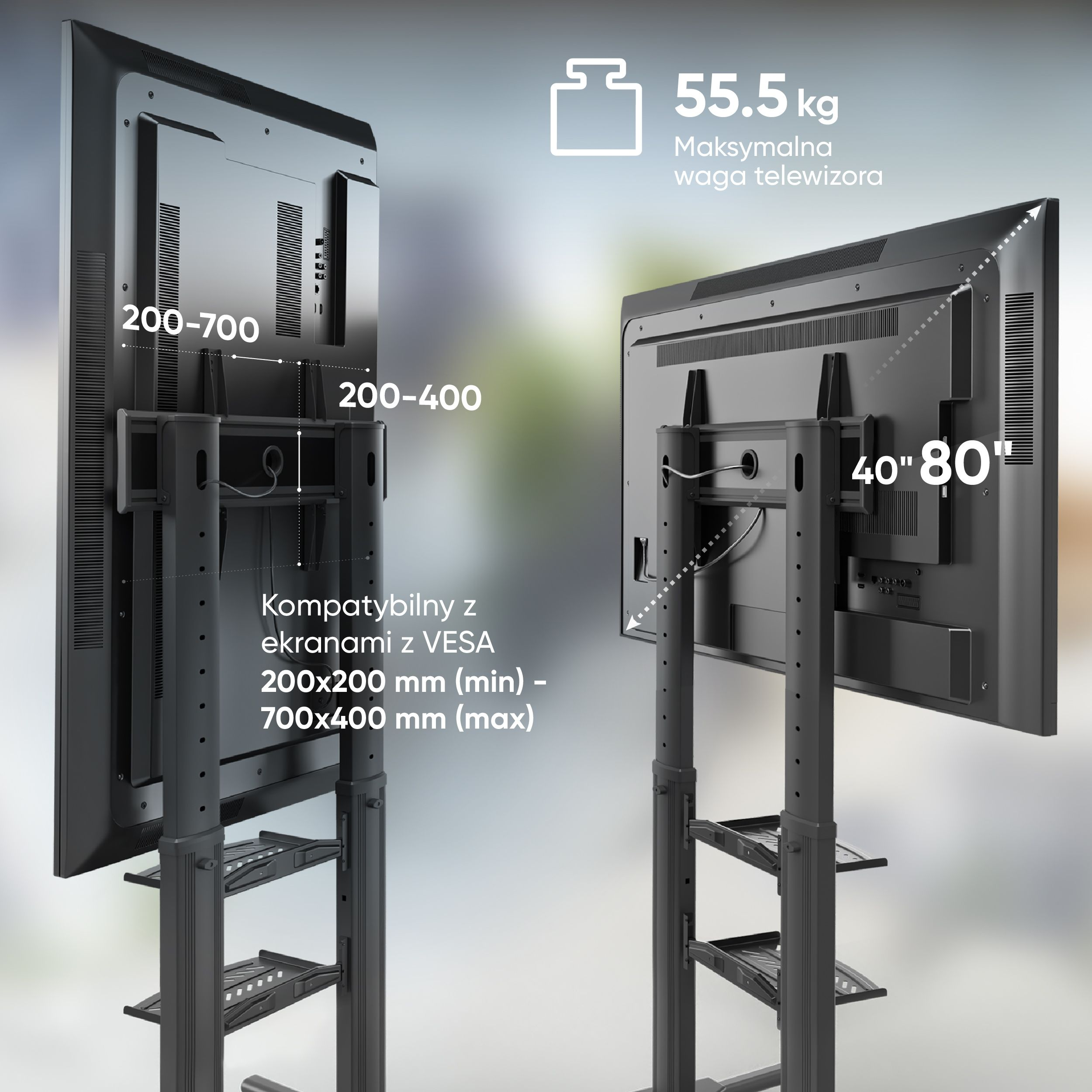 Dwa widoki stojaka pod TV. Wymiary i max. waga są wyświetlane.