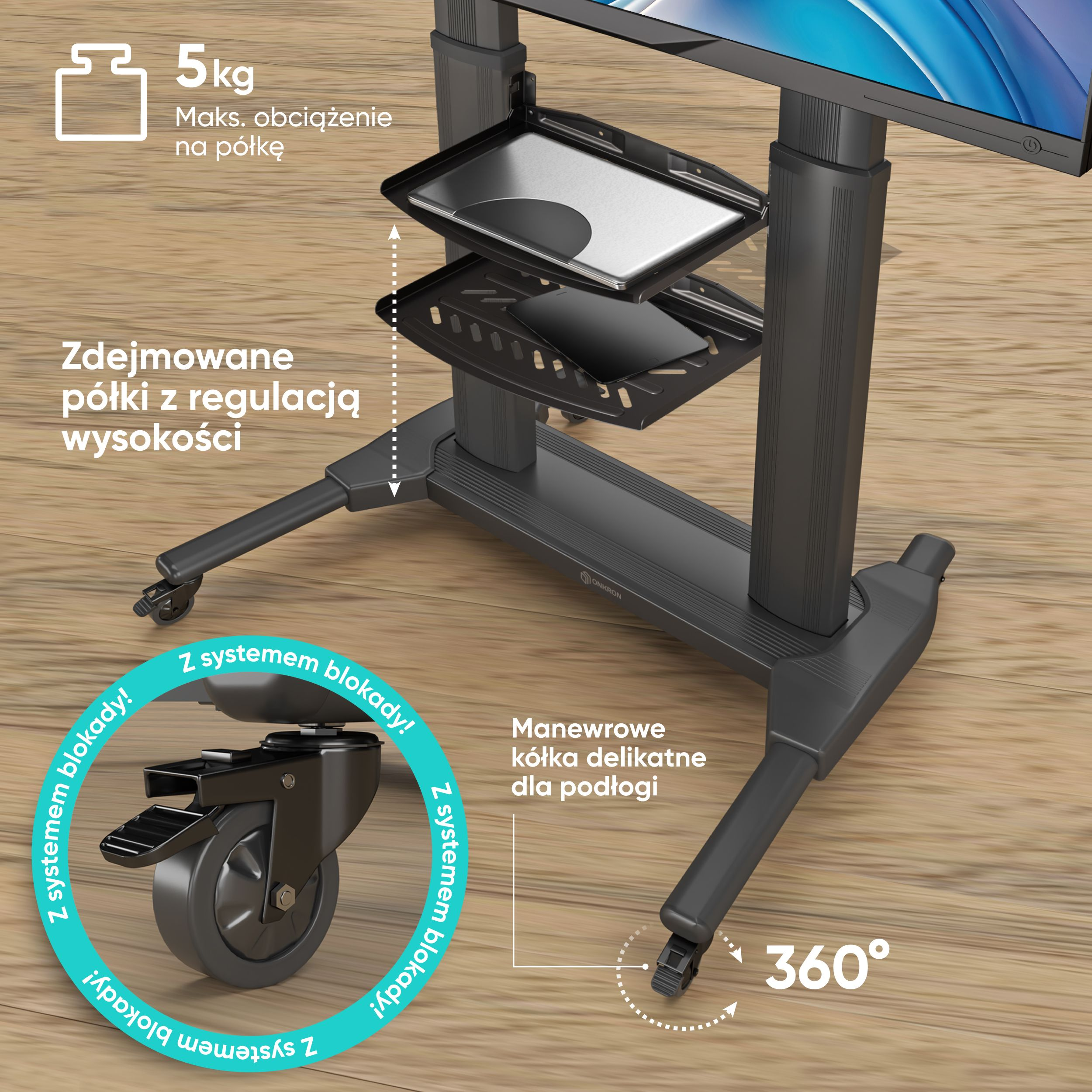 Zbliżenie stojaka pod TV z półkami. Pokazano koła z blokadami i wymiary.