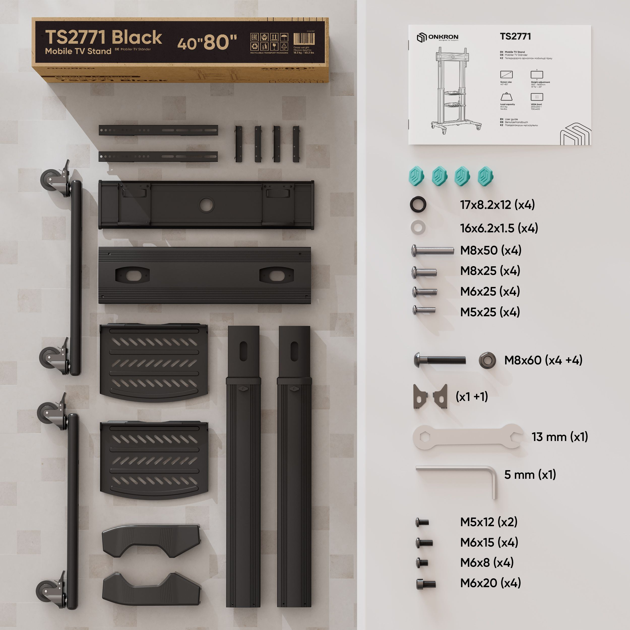 Elementy stojaka pod TV rozłożone. Pokazano pudełka i części do montażu.