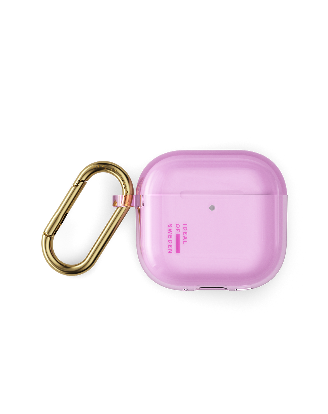 Ein rosa AirPods-Etui mit goldenem Karabiner. Es ist transparent und hat den Text Ideal of Sweden.