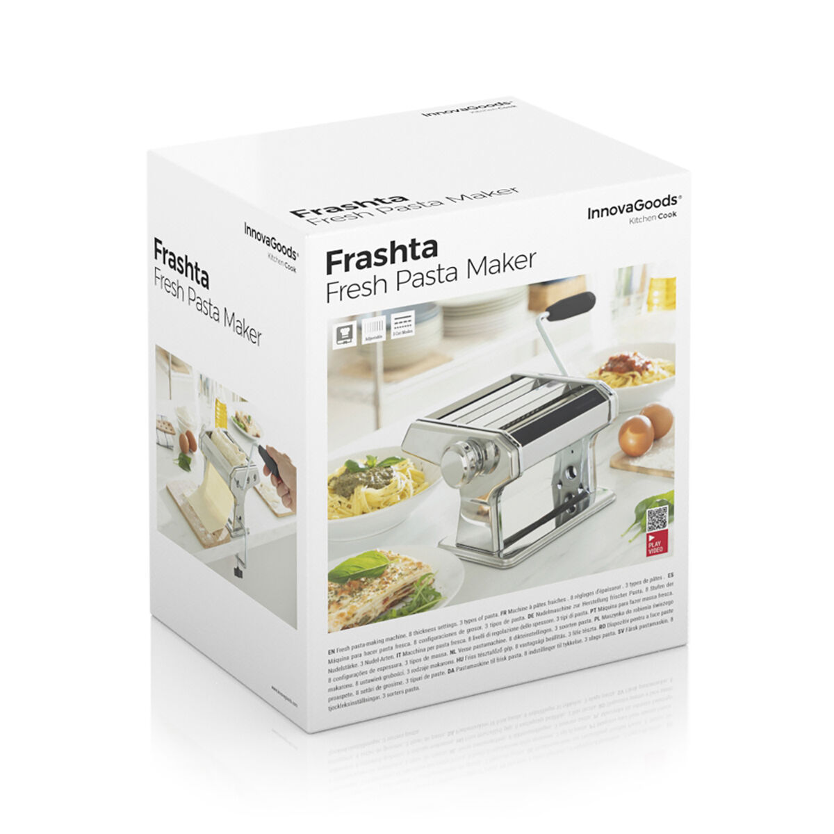 Máquina de pasta en caja. Texto: Frashta Fresh Pasta Maker. Ingredientes y pasta mostrados.