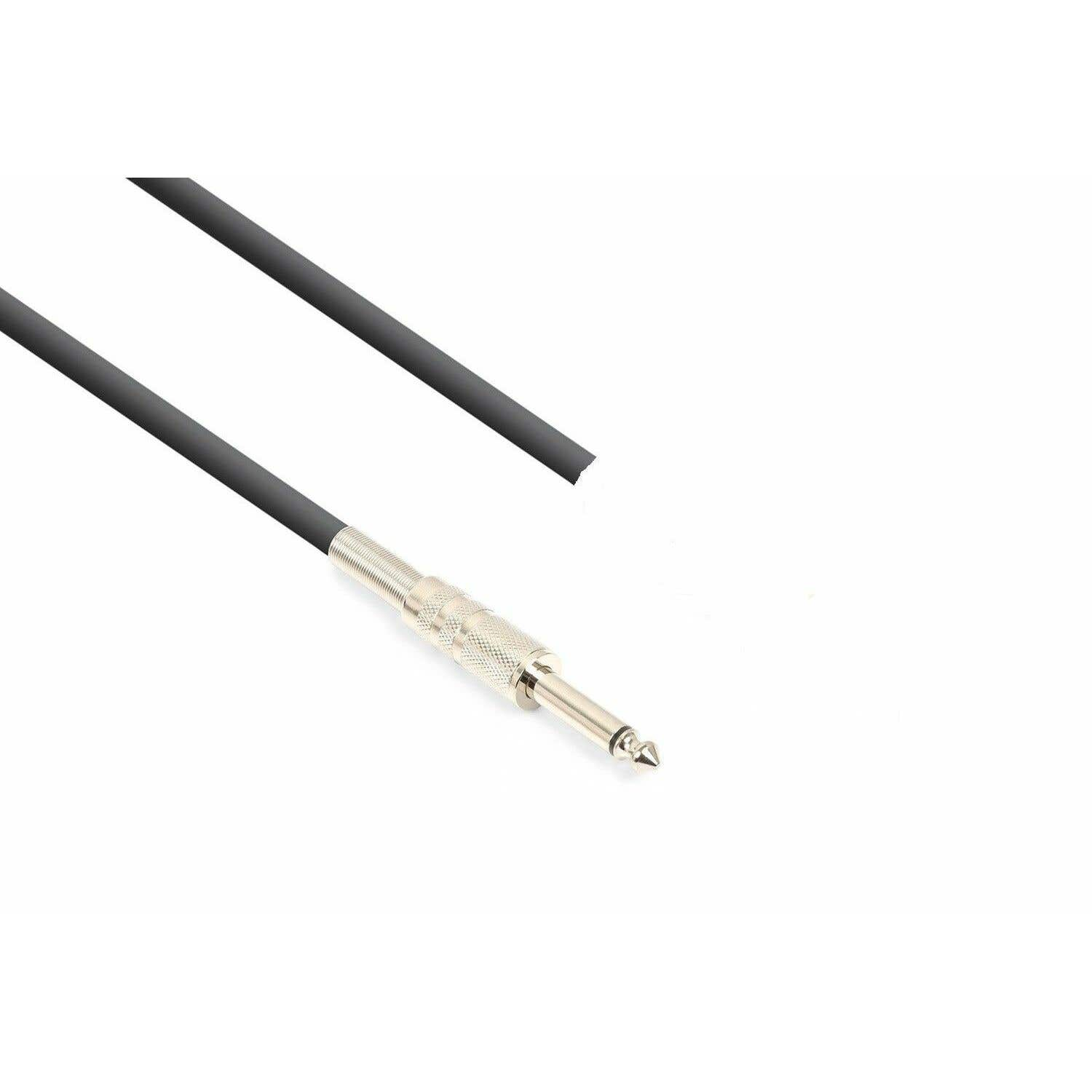 Cable de audio negro con conector jack de 6,35 mm sobre fondo blanco.