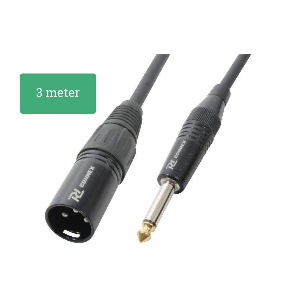 Cable negro con conectores XLR y jack de 6,35 mm. La etiqueta verde dice 3 metros. La marca es RL CONNEX.