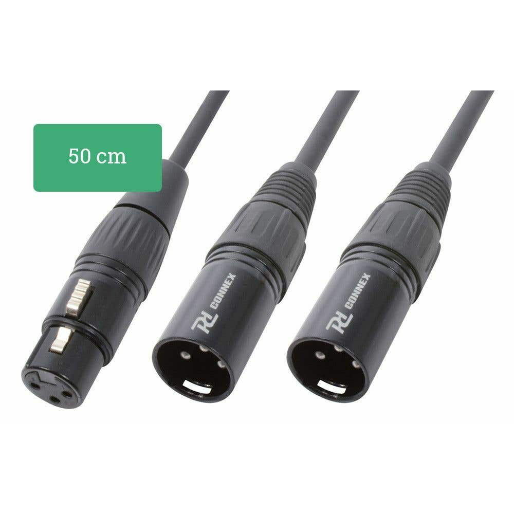 Tres cables XLR negros con conectores negros. Una etiqueta verde dice '50 cm'.