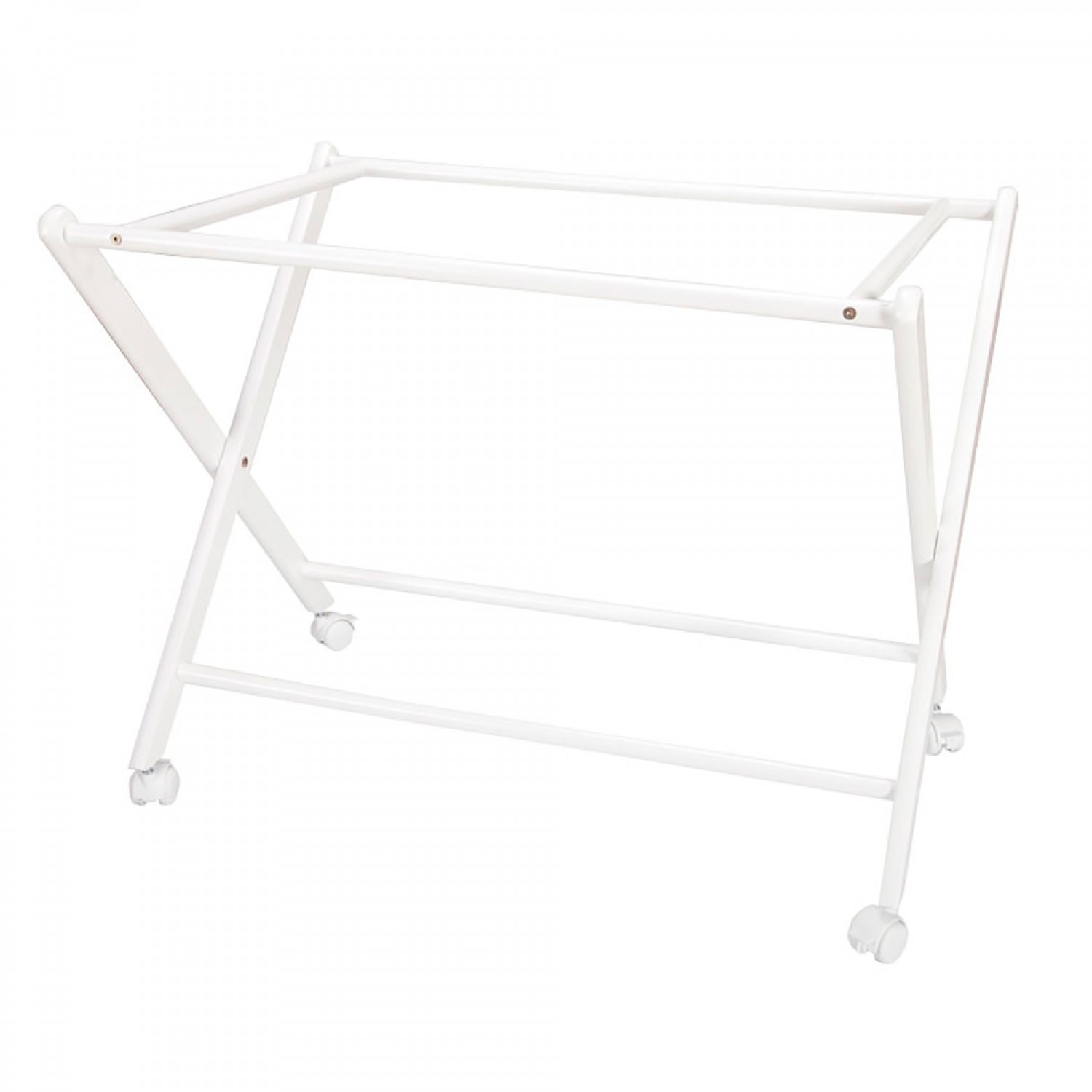 Un soporte blanco y plegable para cuna sobre ruedas, con un marco rectangular simple. Tiene un diseño limpio y minimalista.