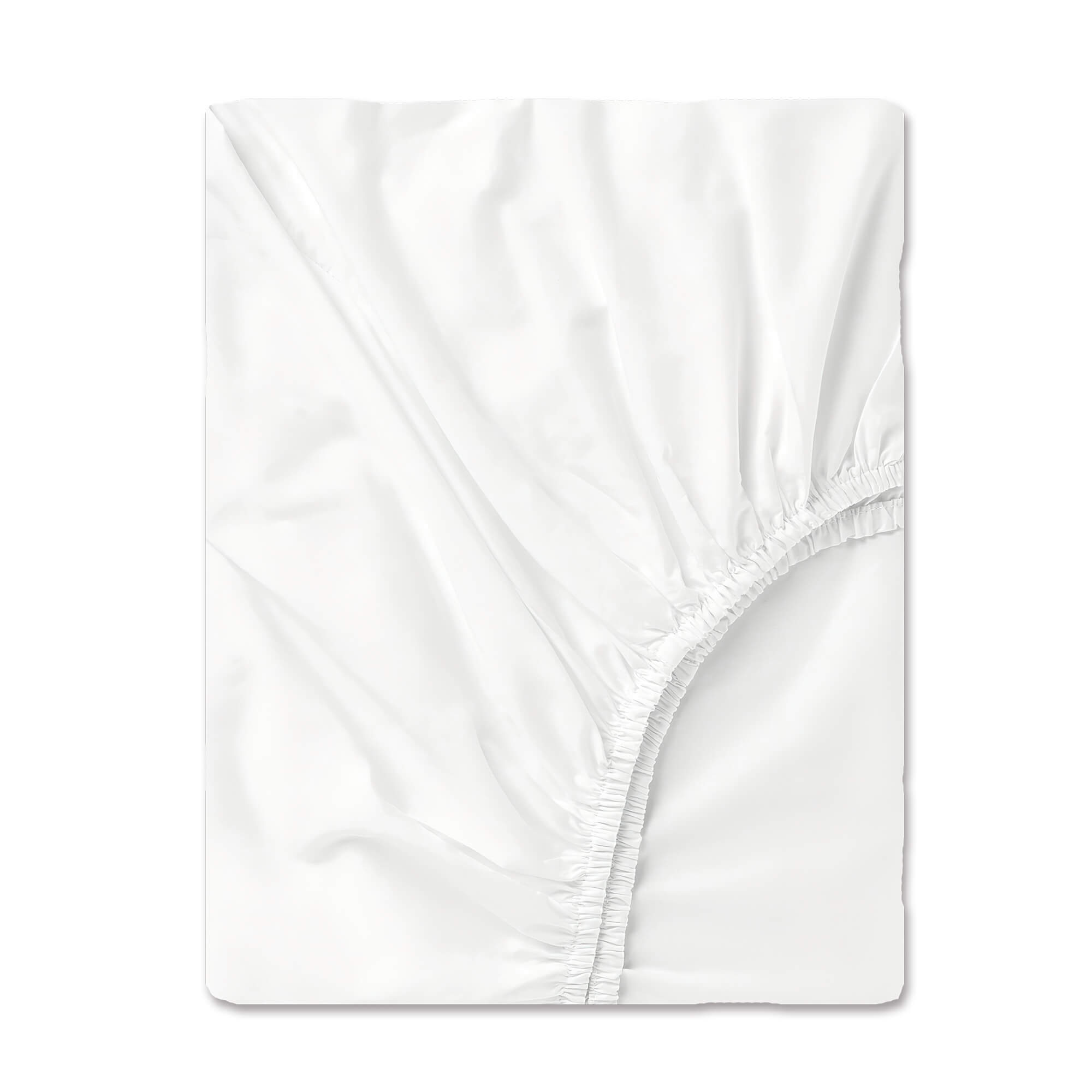Una sábana bajera blanca, doblada cuidadosamente, con un dobladillo elástico visible. La sábana es lisa y parece limpia.