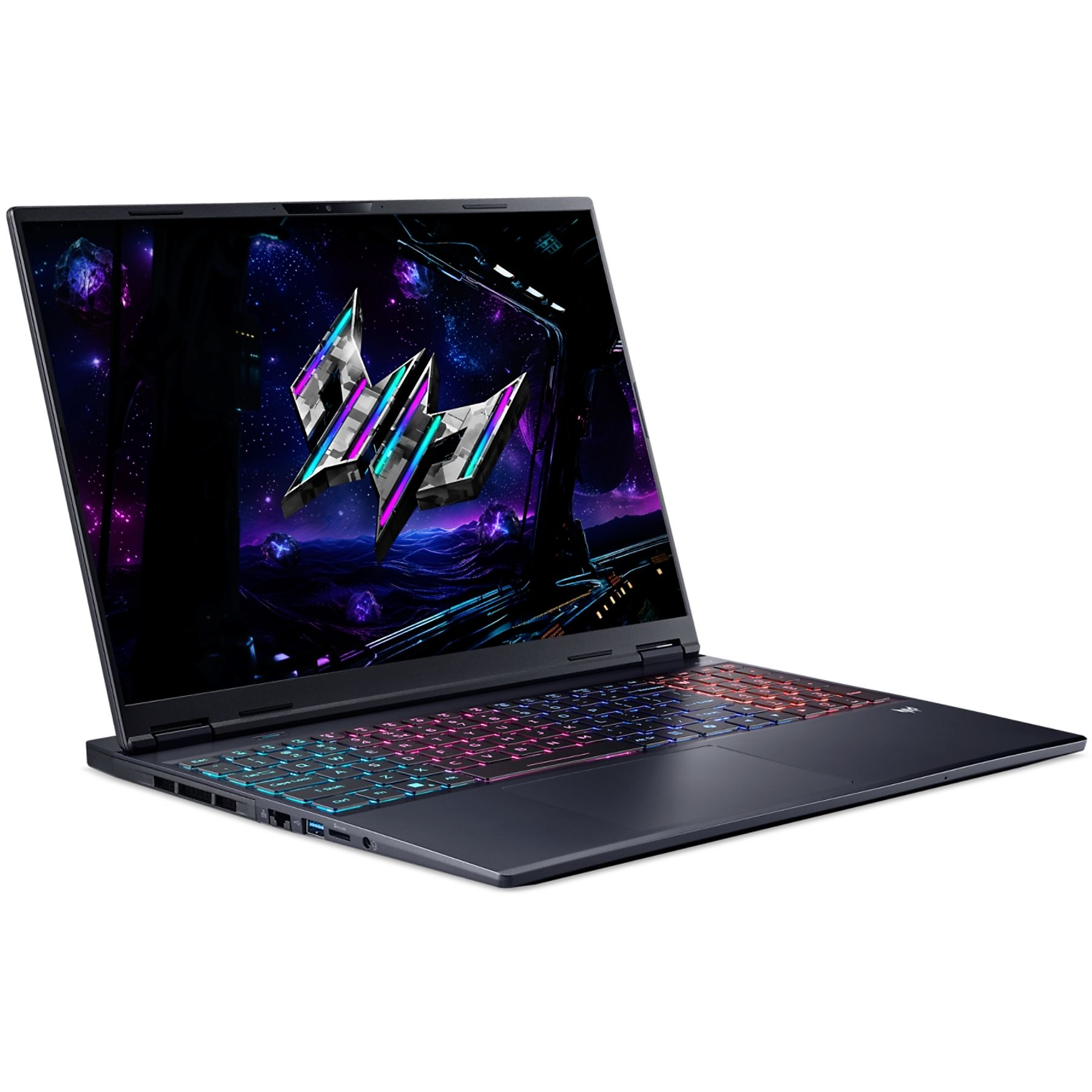 Laptop scuro con tastiera retroilluminata colorata e schermo con logo su sfondo spaziale.